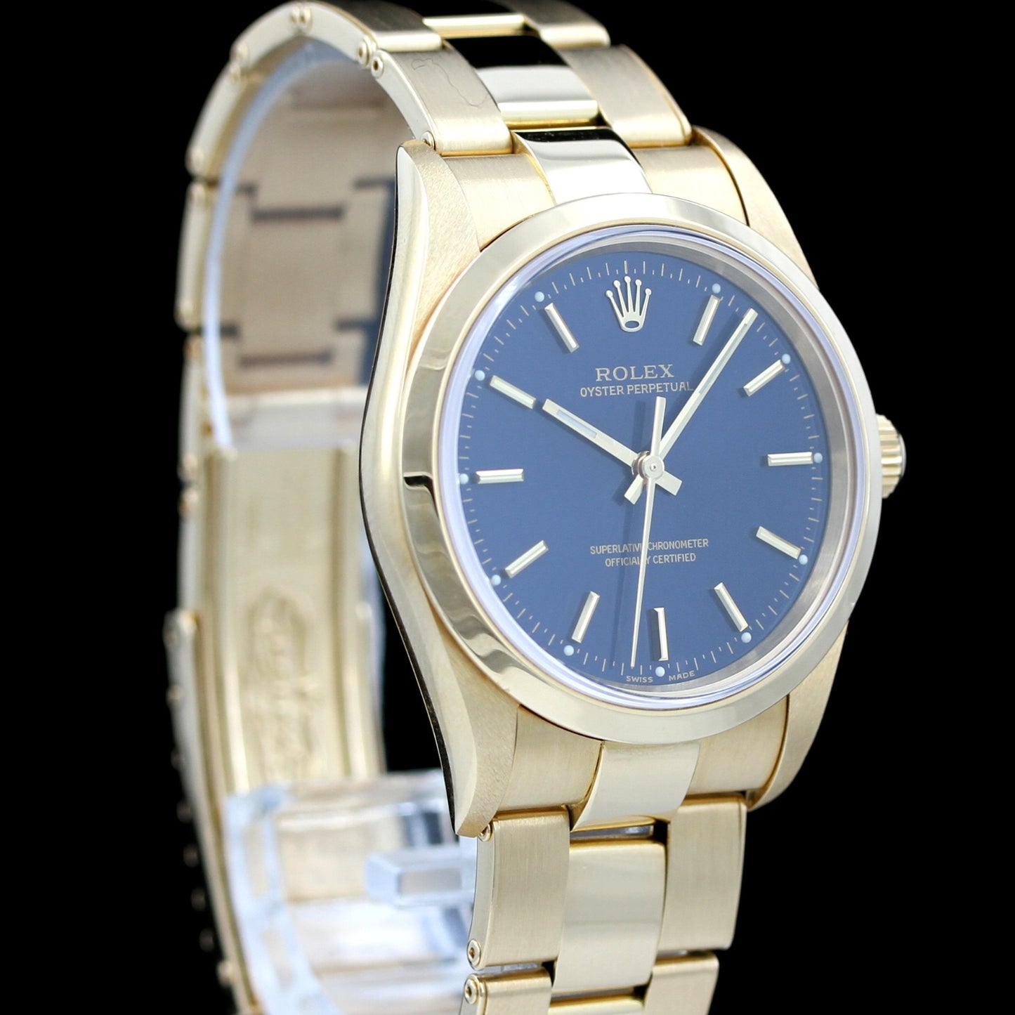 Rolex Oyster Perpetual 34 Blue, Gelbgold, 14208M, 2004, B+P