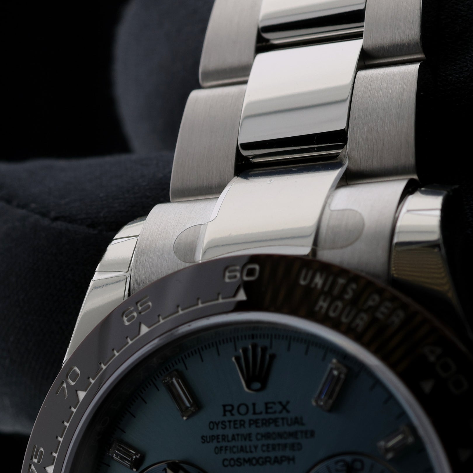 Rolex Daytona Platin, Ice Blue Dial, Baguette, Full Sticker, Ref. 116506, 2022, B+P