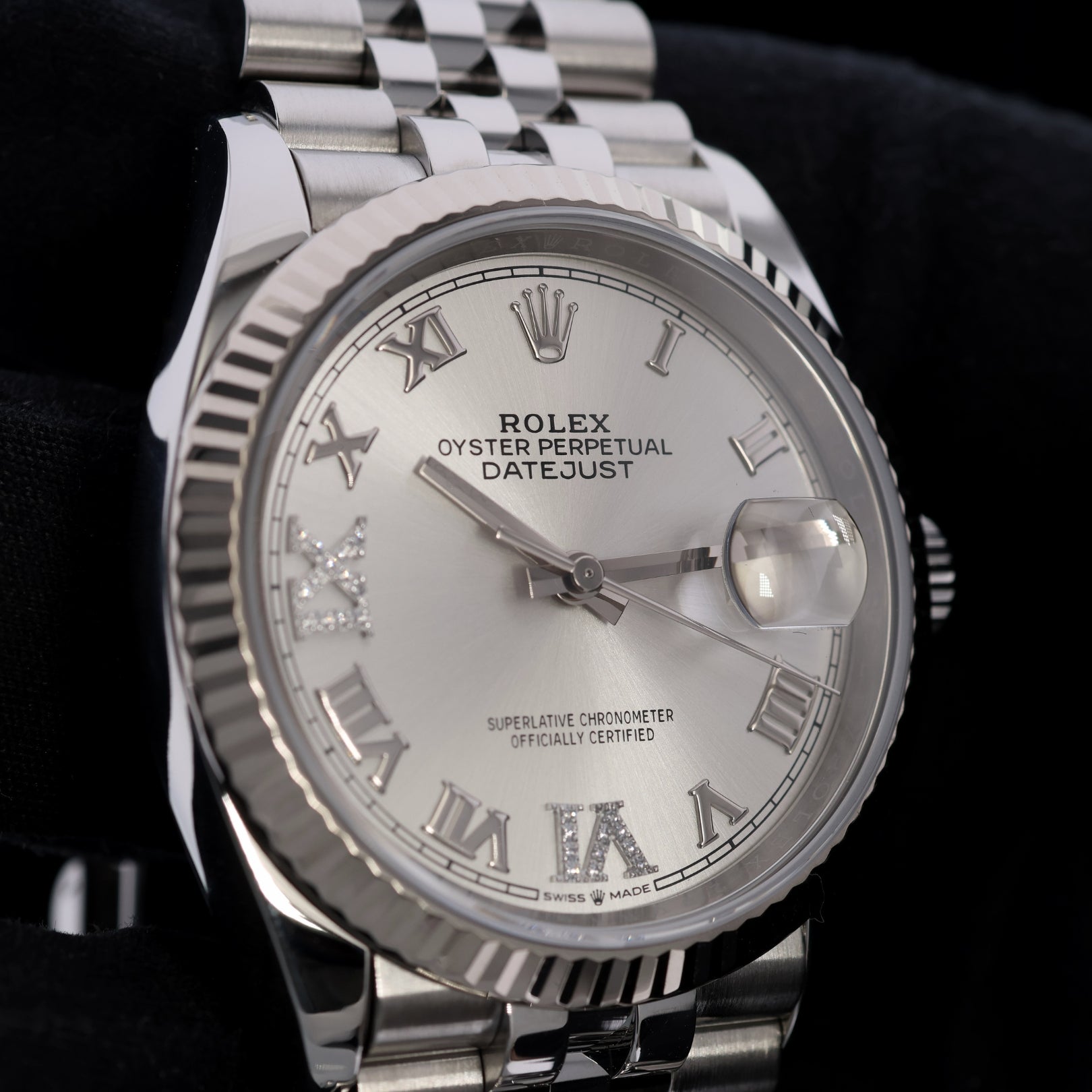Rolex Datejust 36, Silber mit Diamanten, Jubilee, Ref. 126234, 10-2020, B+P