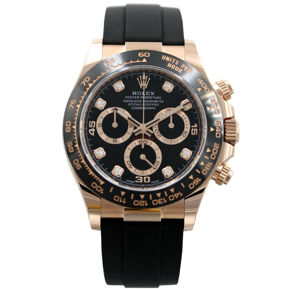 Rolex Daytona, Black Diamond Dial, Rosegold, Oysterflex, Ref. 116515LN, 12-2021, B+P