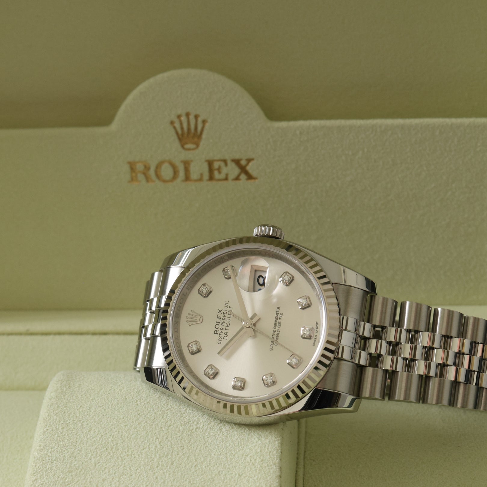 Rolex Datejust 36, Silver Diamond Dial, Jubilee, Ref. 116234, 04-2013, B+P