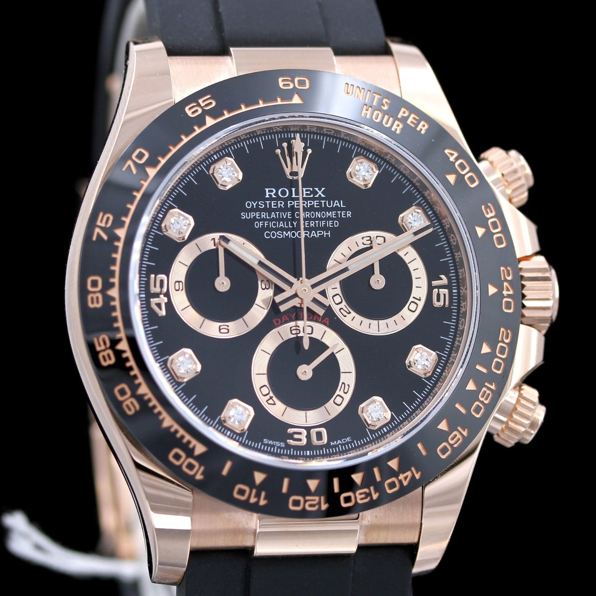 Rolex Daytona, Black Diamond Dial, Rosegold, Oysterflex, Ref. 116515LN, 12-2021, B+P