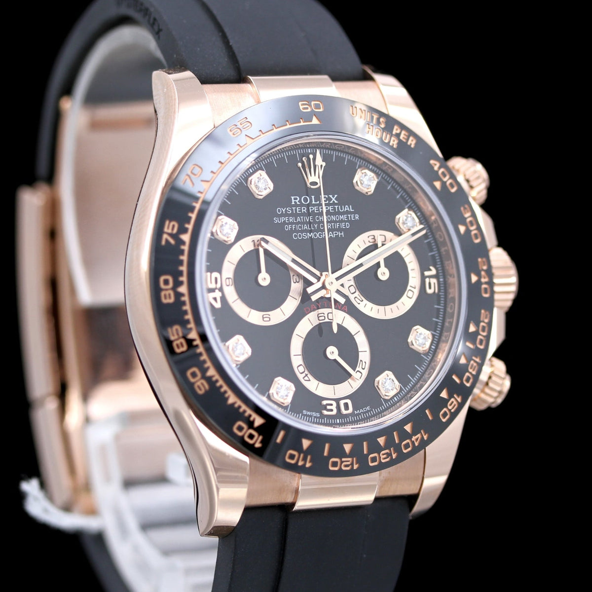 Rolex Daytona, Black Diamond Dial, Rosegold, Oysterflex, Ref. 116515LN, 12-2021, B+P