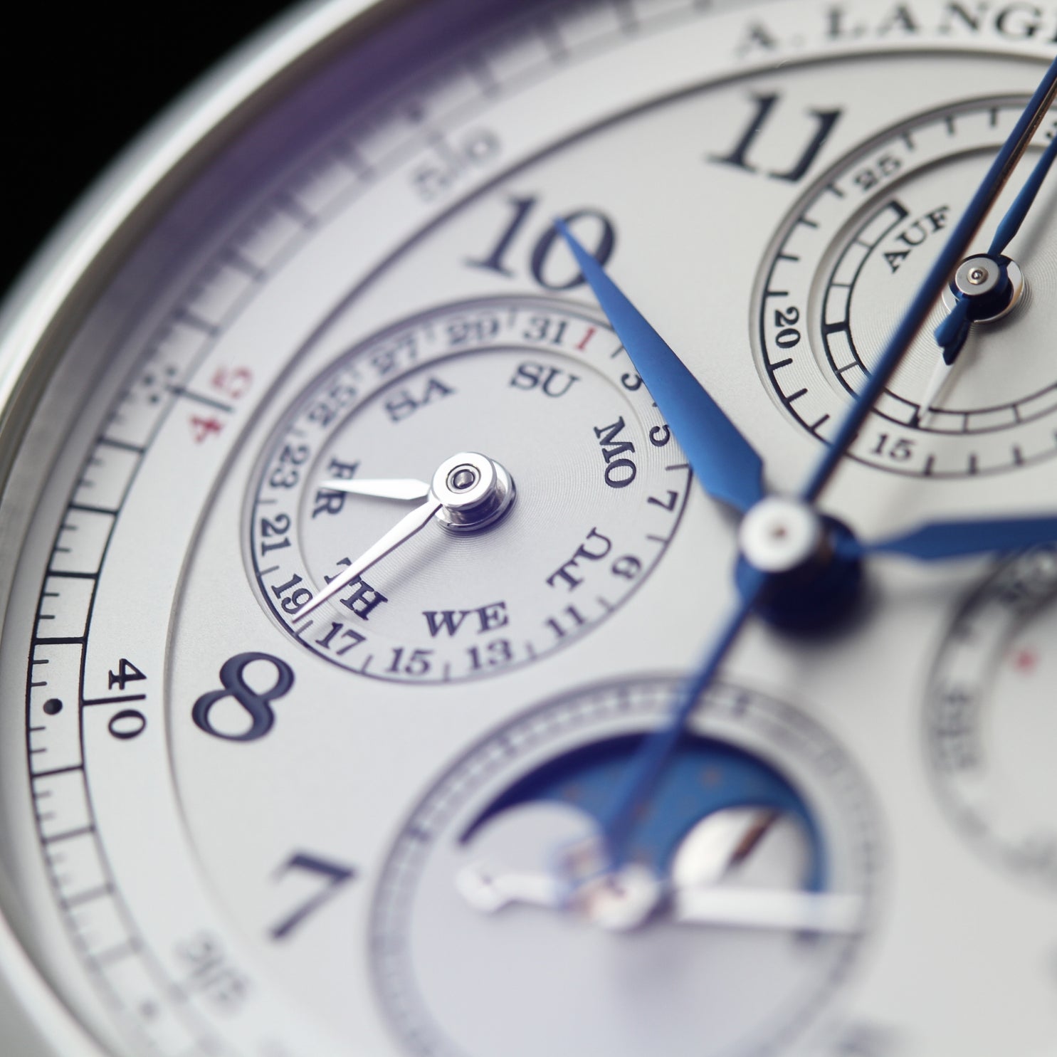 A. Lange & Söhne 1815, Platin Rattrapante 42mm, Perpetual Calendar, Platinschliesse, Ref. 421.025FE, B+P - LUXUHRIA