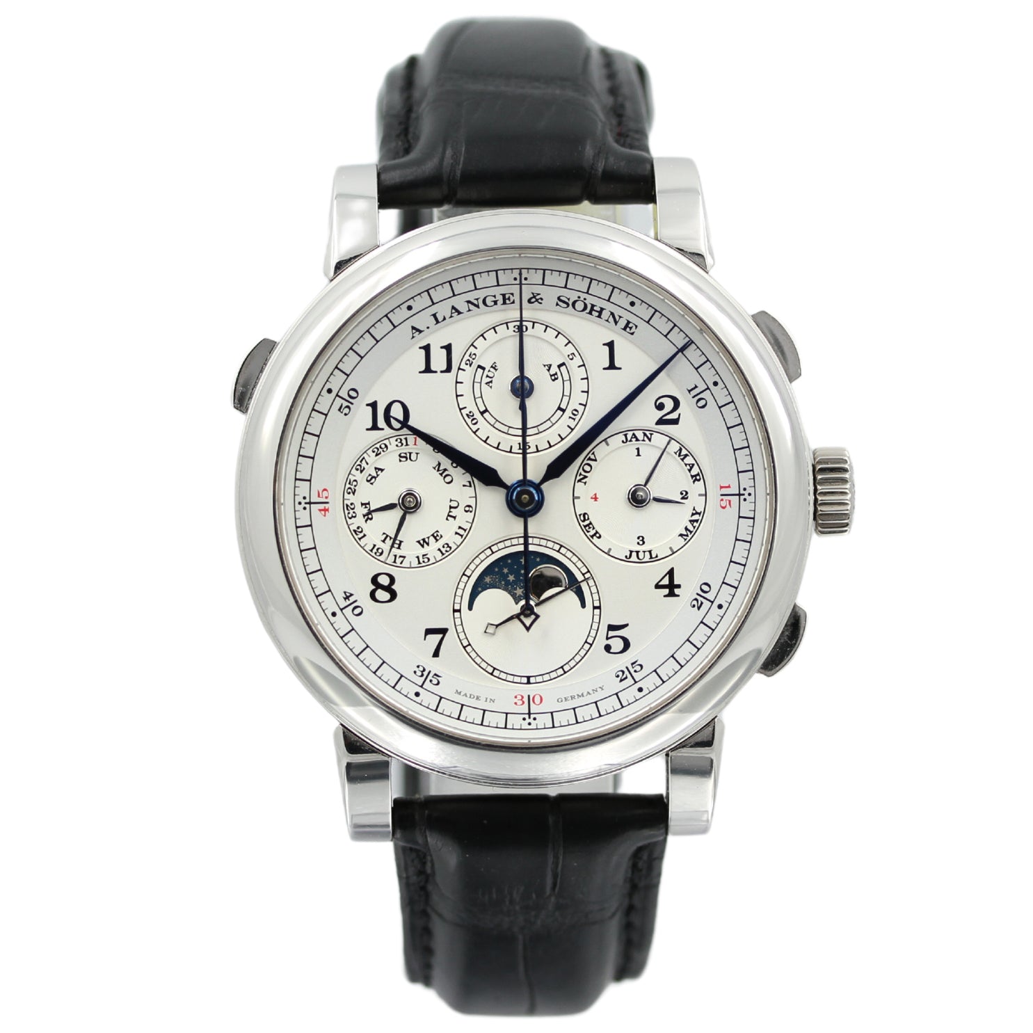 A. Lange & Söhne 1815, Platin Rattrapante 42mm, Perpetual Calendar, Platinschliesse, Ref. 421.025FE, B+P - LUXUHRIA