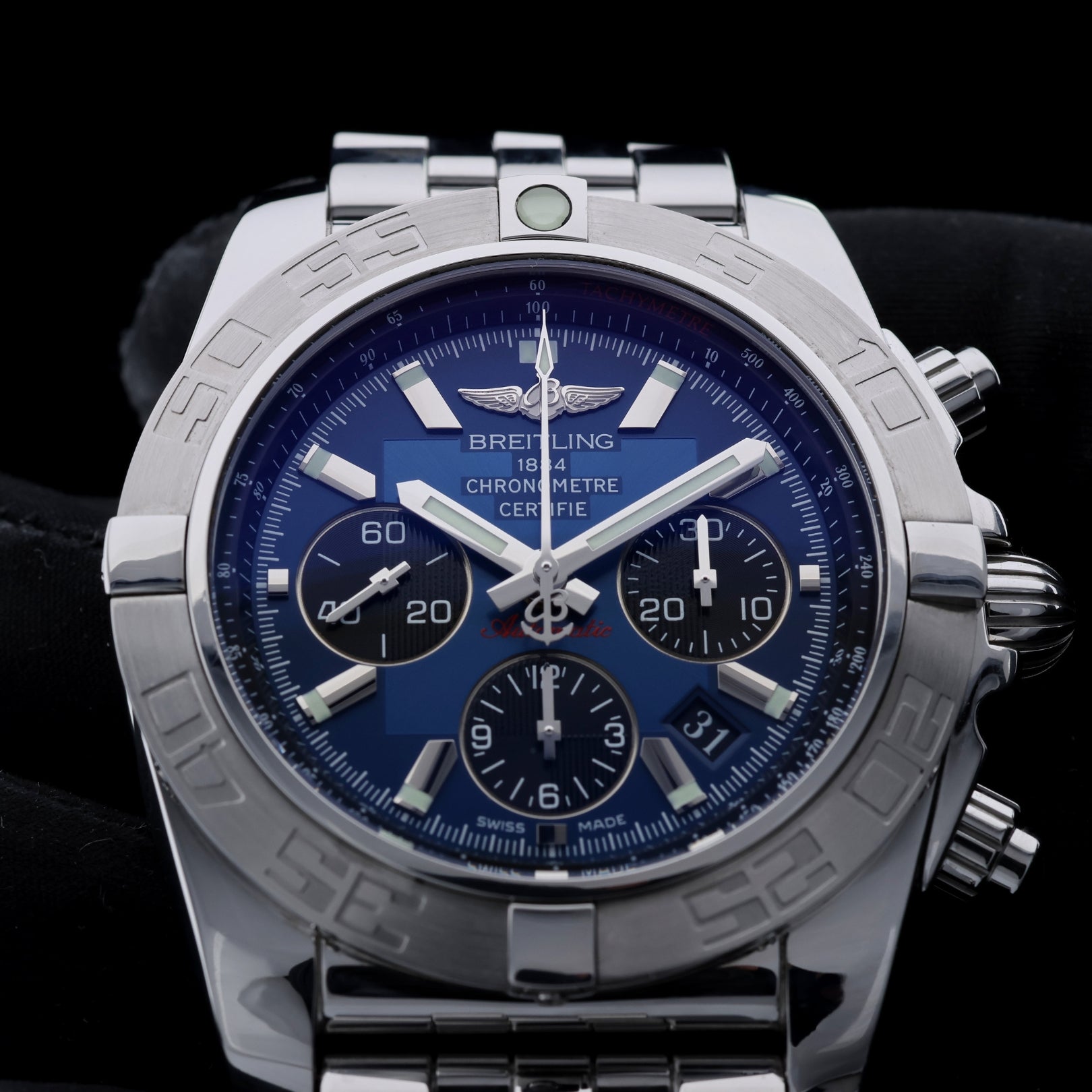 Breitling Chronomat 44 Blue, Edelstahl, Stahlband, Ref. AB0110, B+P - LUXUHRIA