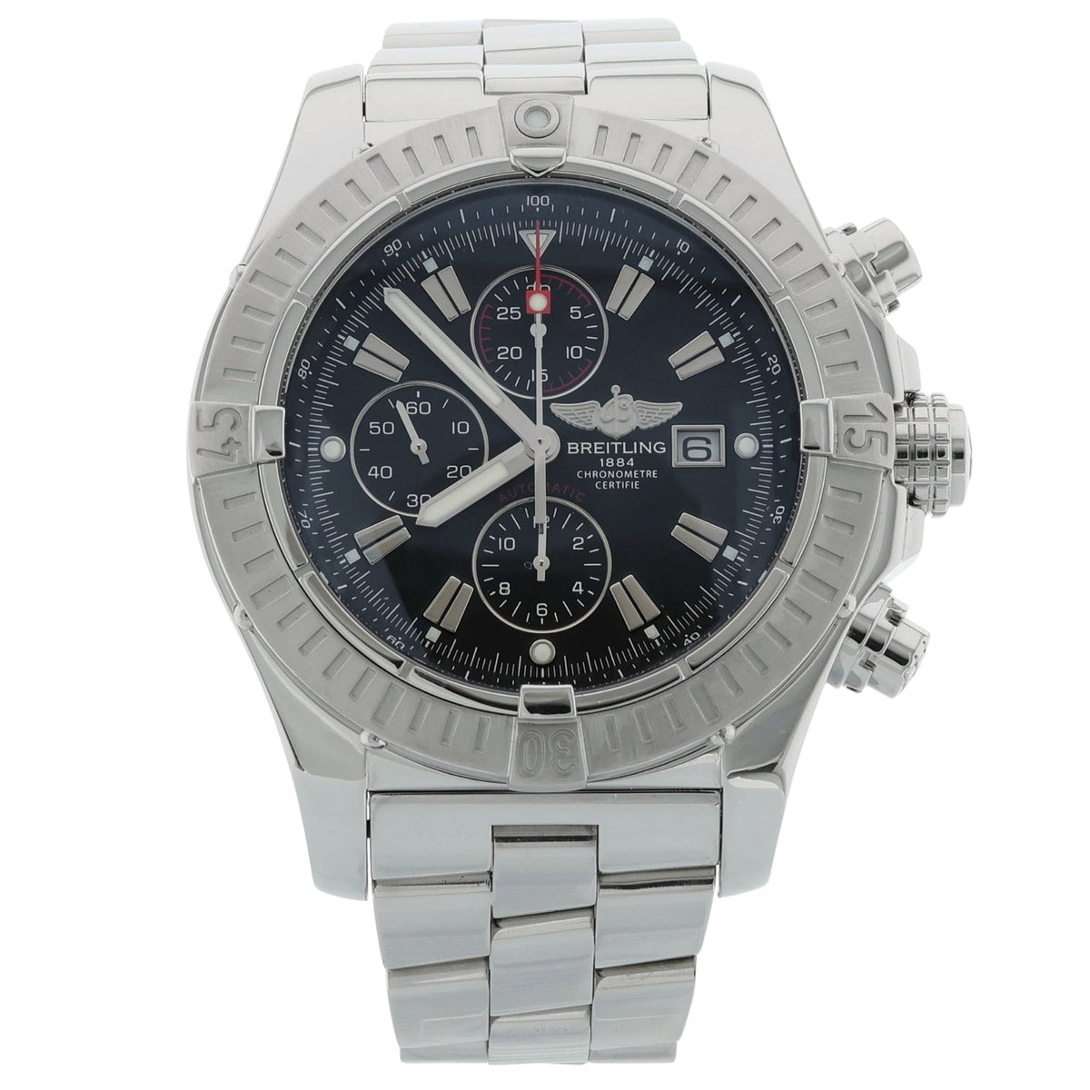 Breitling Super Avenger, Chronograph, Edelstahl, Service 2024, Ref. A13370, 01-2010, B+P - LUXUHRIA