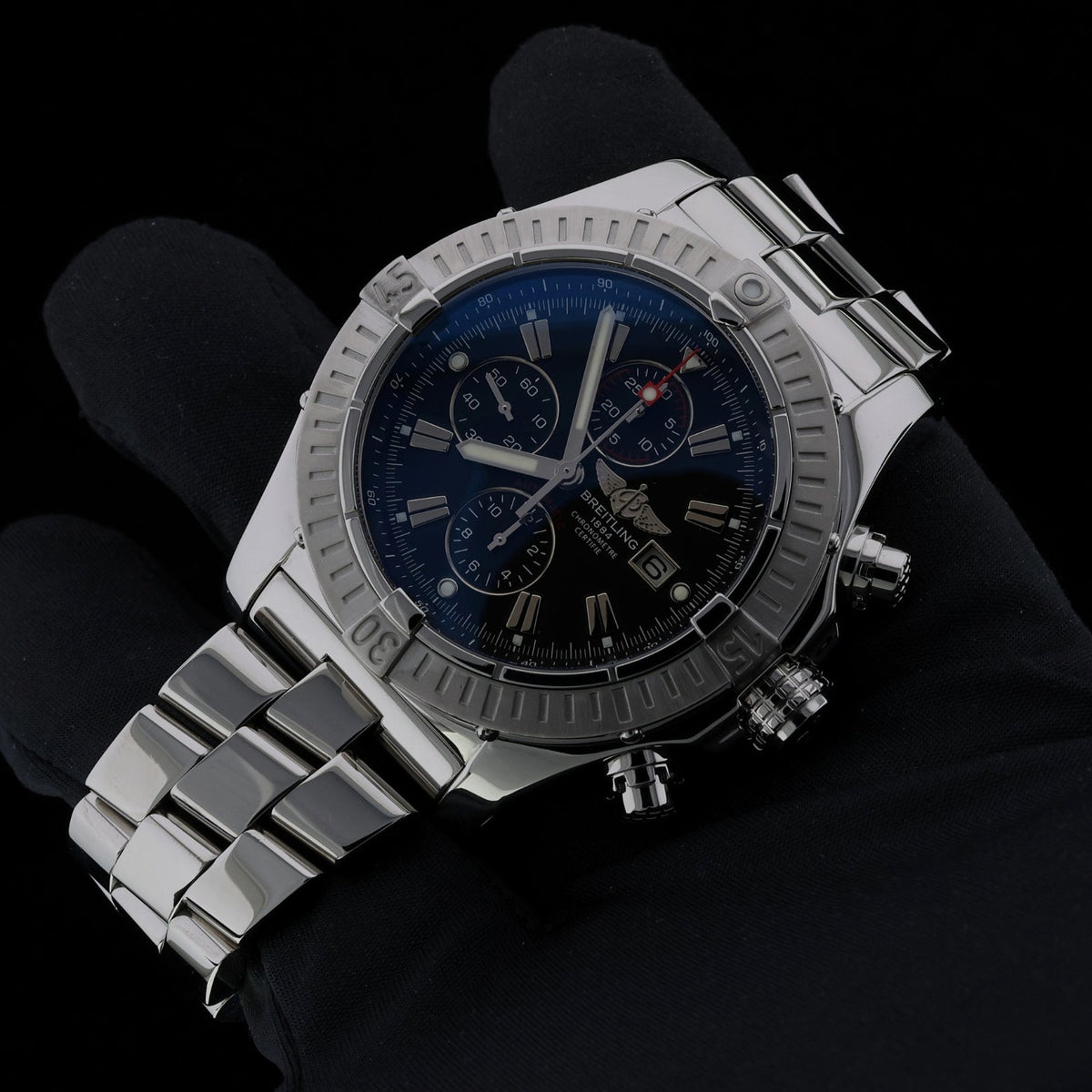 Breitling Super Avenger, Chronograph, Edelstahl, Service 2024, Ref. A13370, 01-2010, B+P - LUXUHRIA