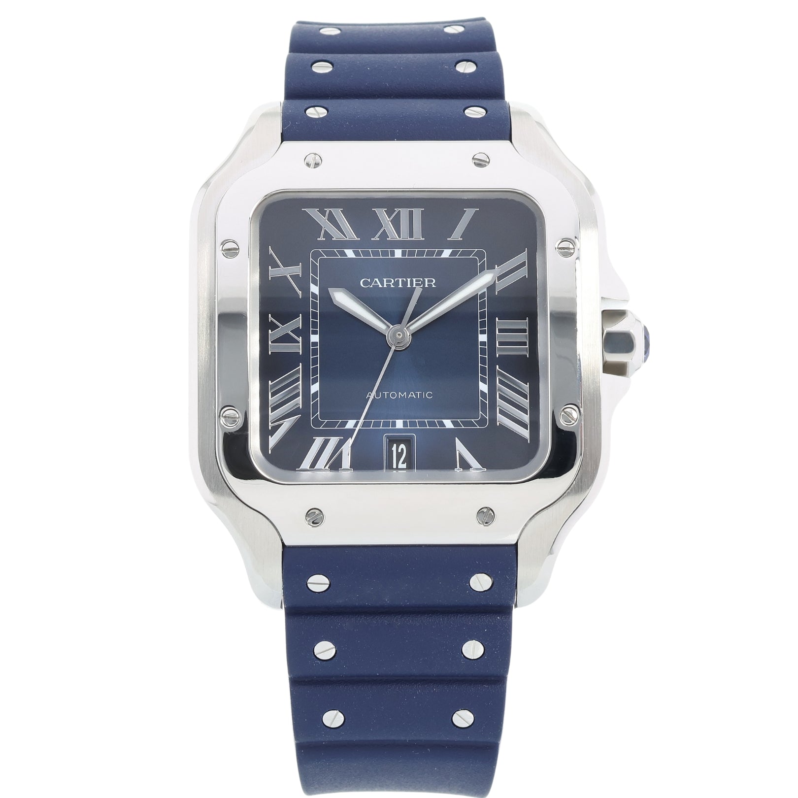 Cartier Santos de Cartier Large Blau, Stahl - & Kautschukband, 39.8x47.5 mm, Ref. WSSA0030, B+P - LUXUHRIA