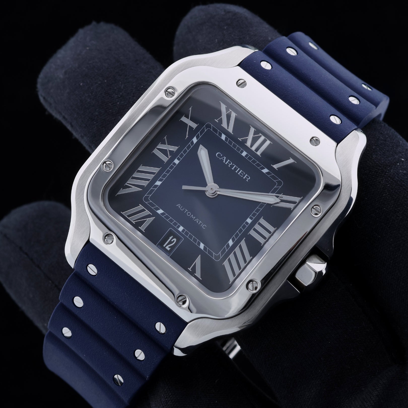 Cartier Santos de Cartier Large Blau, Stahl - & Kautschukband, 39.8x47.5 mm, Ref. WSSA0030, B+P - LUXUHRIA