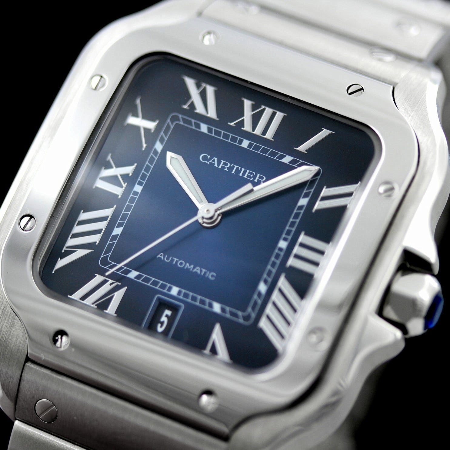 Cartier Santos de Cartier Large Blau, Stahl - & Kautschukband, 39.8x47.5 mm, Ref. WSSA0030, B+P - LUXUHRIA