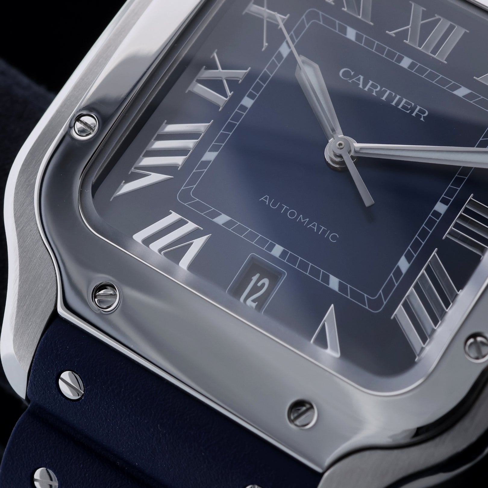 Cartier Santos de Cartier Large Blau, Stahl - & Kautschukband, 39.8x47.5 mm, Ref. WSSA0030, B+P - LUXUHRIA