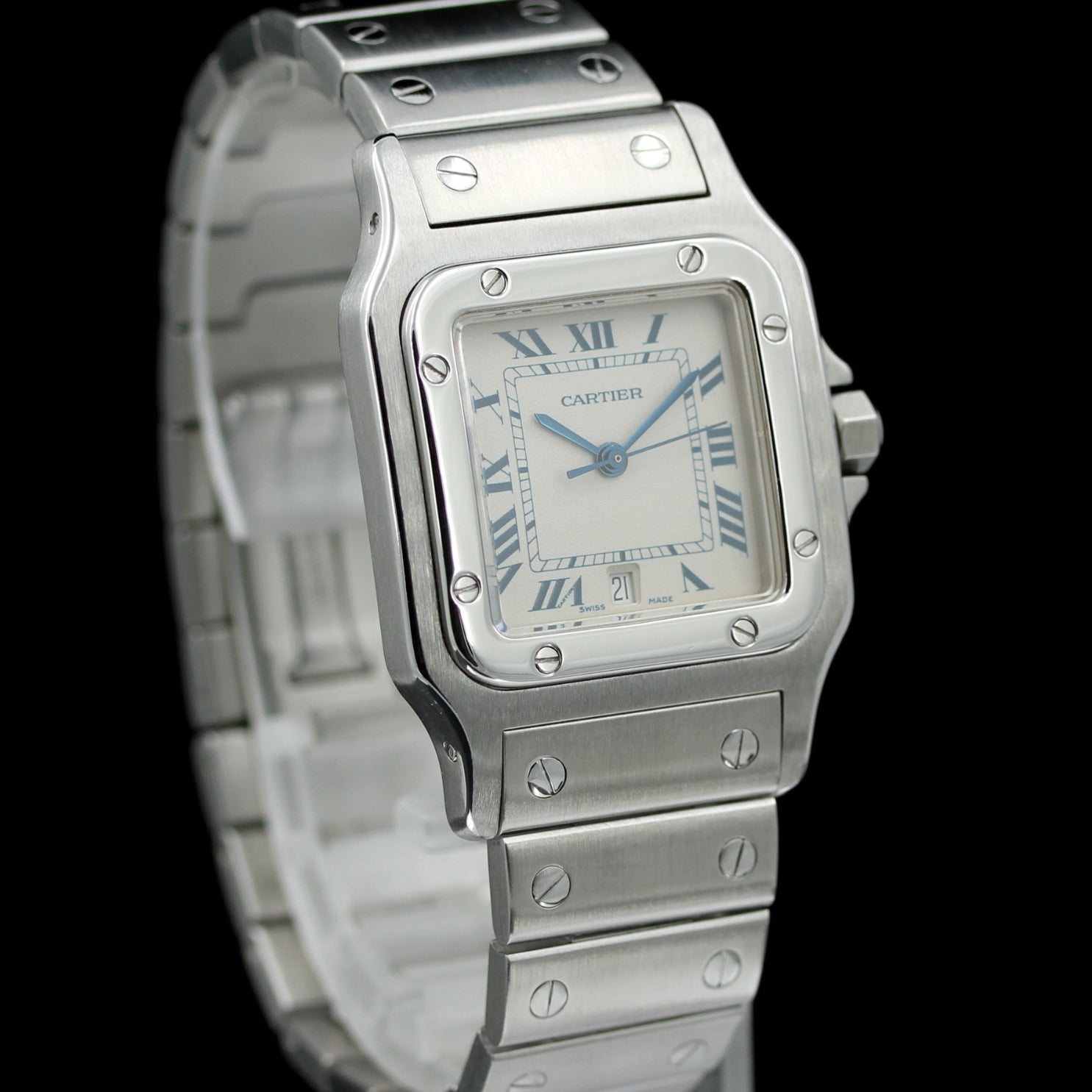 Cartier Santos Galbée 29x41 mm, Stahl, rom. Weiss, Ref. 1564, Cartier - Service 11 - 2024, B+P - LUXUHRIA