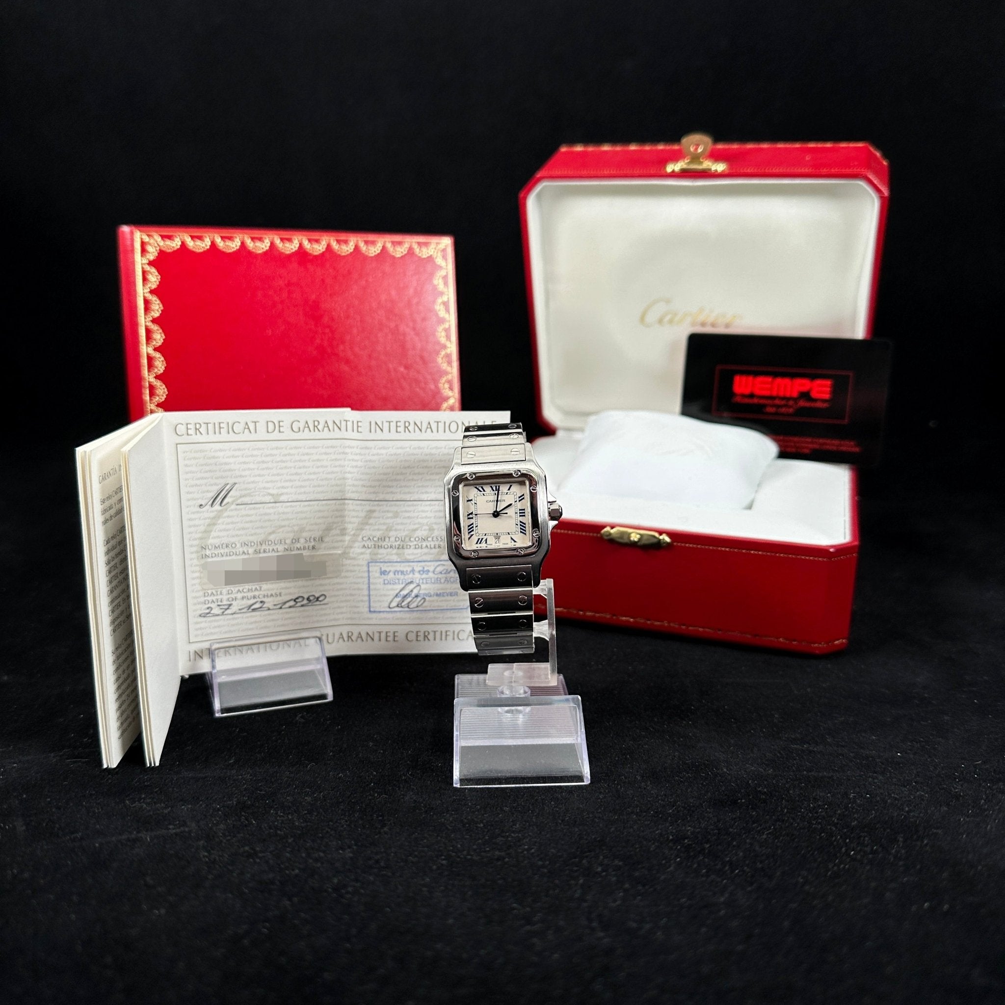 Cartier Santos Galbée 29x41 mm, Stahl, rom. Weiss, Ref. 1564, Cartier - Service 11 - 2024, B+P - LUXUHRIA