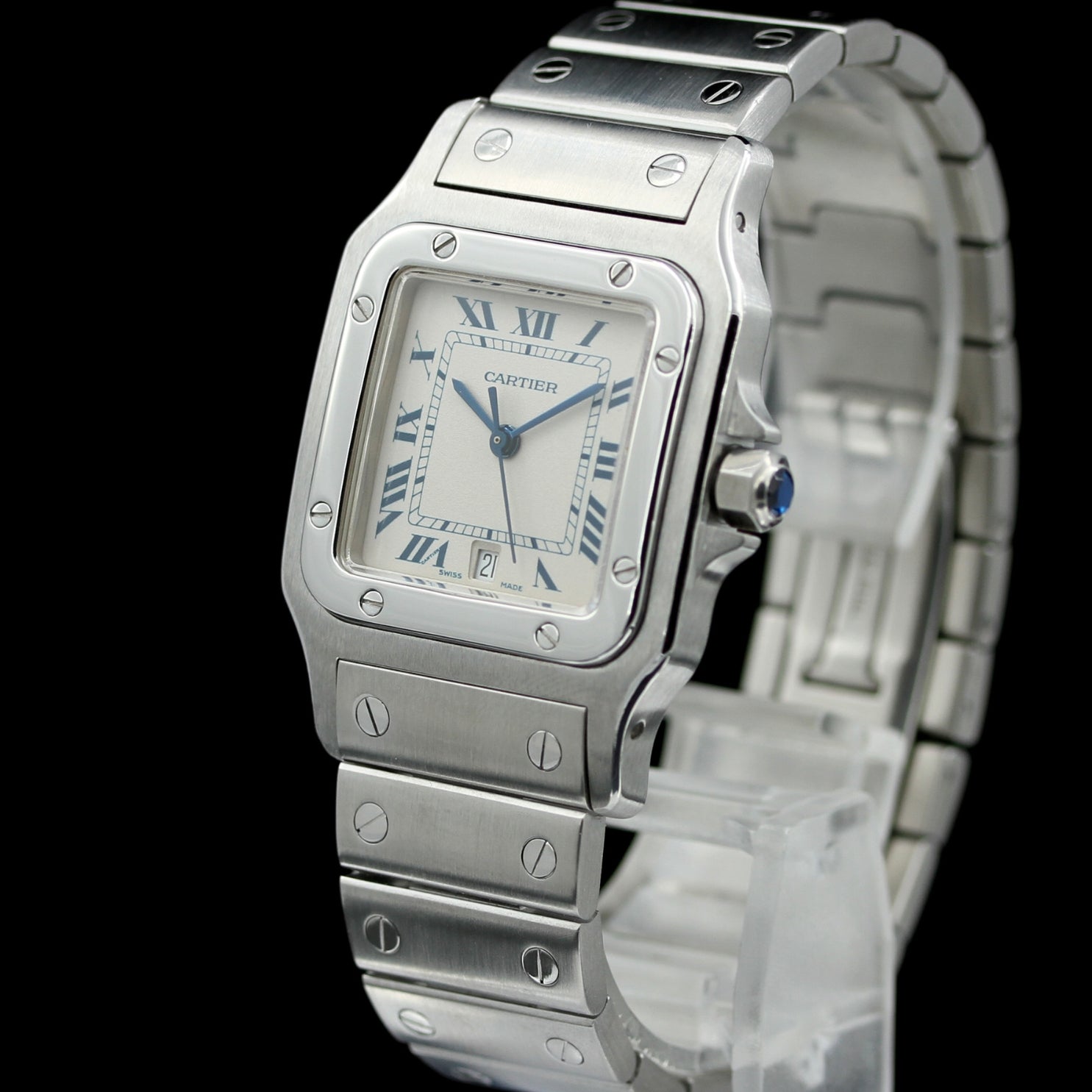 Cartier Santos Galbée 29x41 mm, Stahl, rom. Weiss, Ref. 1564, Cartier - Service 11 - 2024, B+P - LUXUHRIA