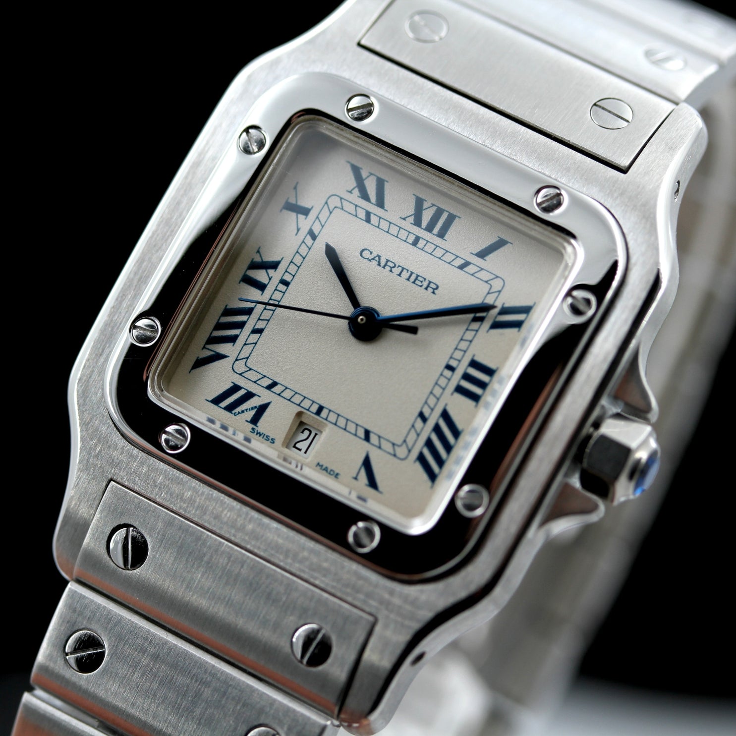 Cartier Santos Galbée 29x41 mm, Stahl, rom. Weiss, Ref. 1564, Cartier - Service 11 - 2024, B+P - LUXUHRIA