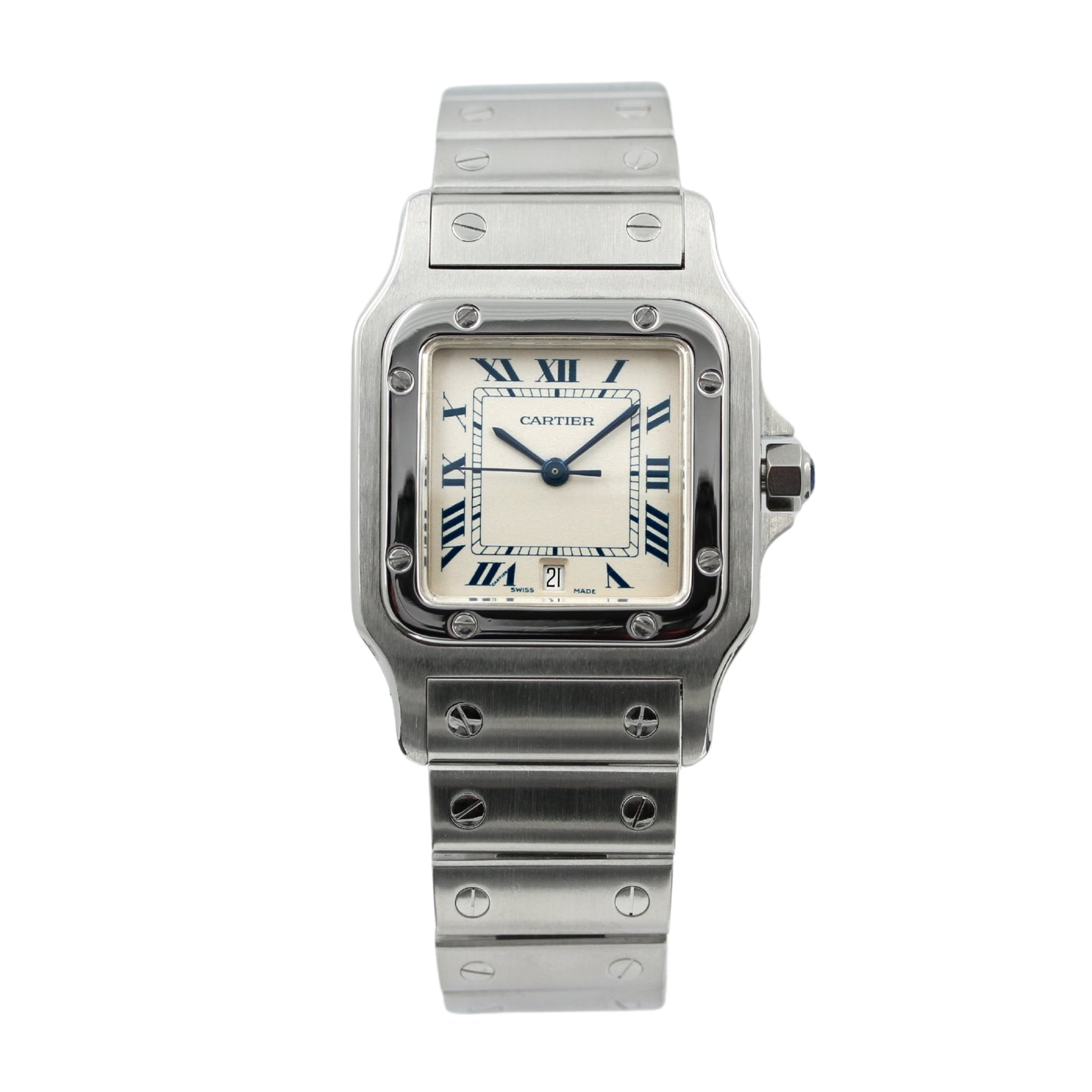 Cartier Santos Galbée 29x41 mm, Stahl, rom. Weiss, Ref. 1564, Cartier - Service 11 - 2024, B+P - LUXUHRIA