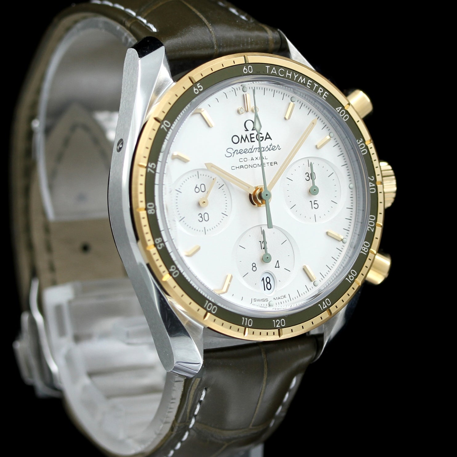 Omega Chronograph Speedmaster 38, Bicolor, green, Ref. 324.23.38.50.02.001, foliert, B+P - LUXUHRIA