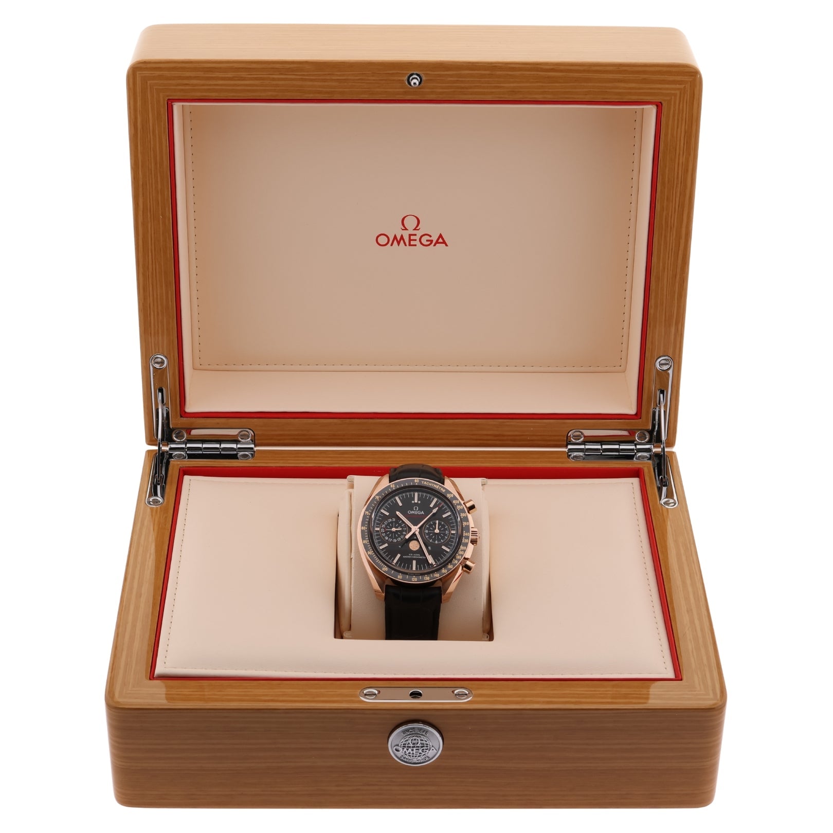 Omega Speedmaster Mondphase, Sedna™‑Gold, 44.25 mm, Lederarmband, Ref. 304.63.44.52.01.001, 07 - 2019, B+P - LUXUHRIA