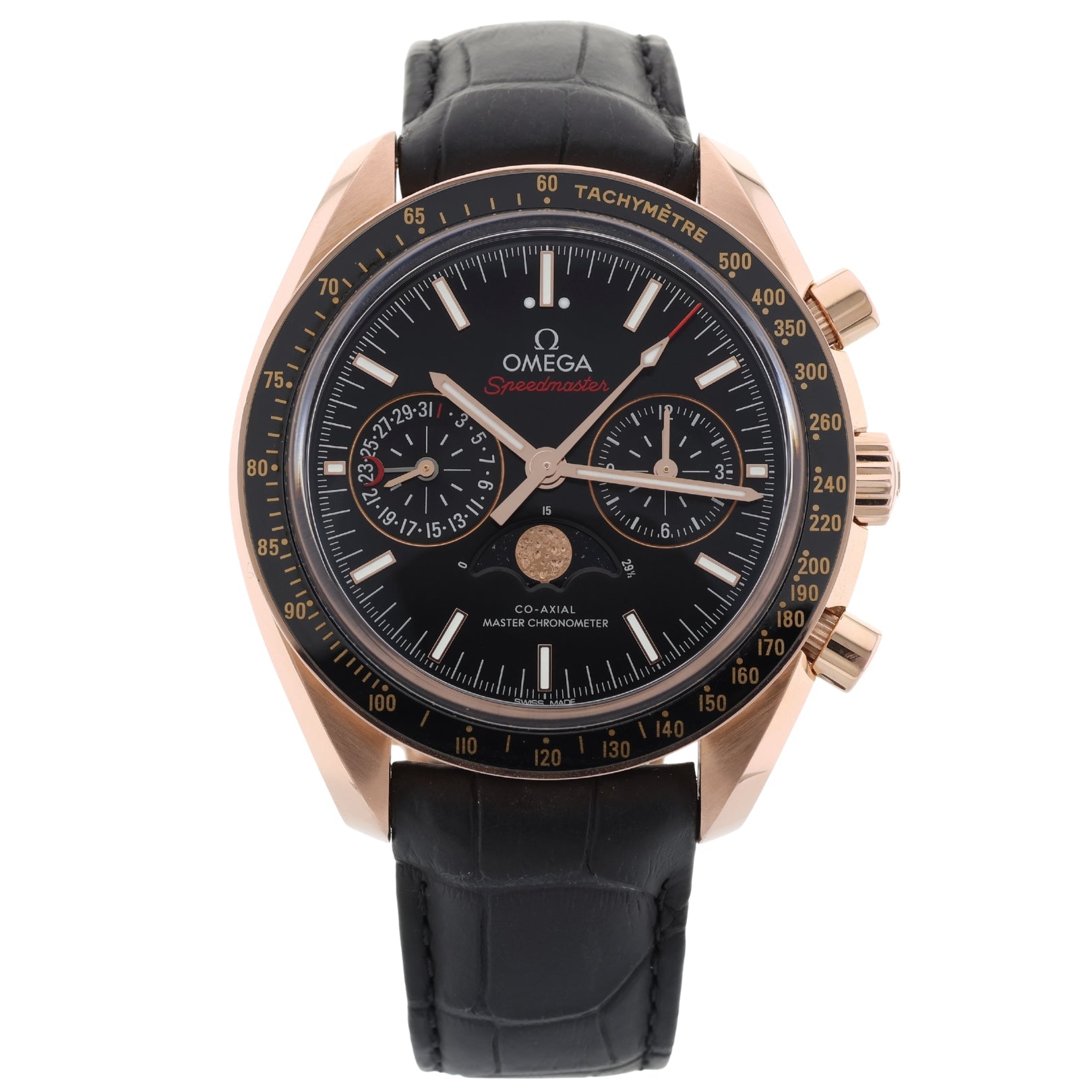 Omega Speedmaster Mondphase, Sedna™‑Gold, 44.25 mm, Lederarmband, Ref. 304.63.44.52.01.001, 07 - 2019, B+P - LUXUHRIA