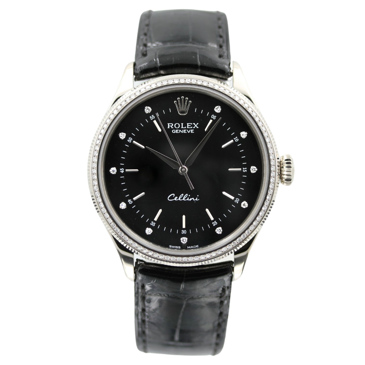 Rolex Cellini Time 39mm, White Gold, Brillantbesatz, Black Dial, Ref. 50609RBR, B+P - LUXUHRIA