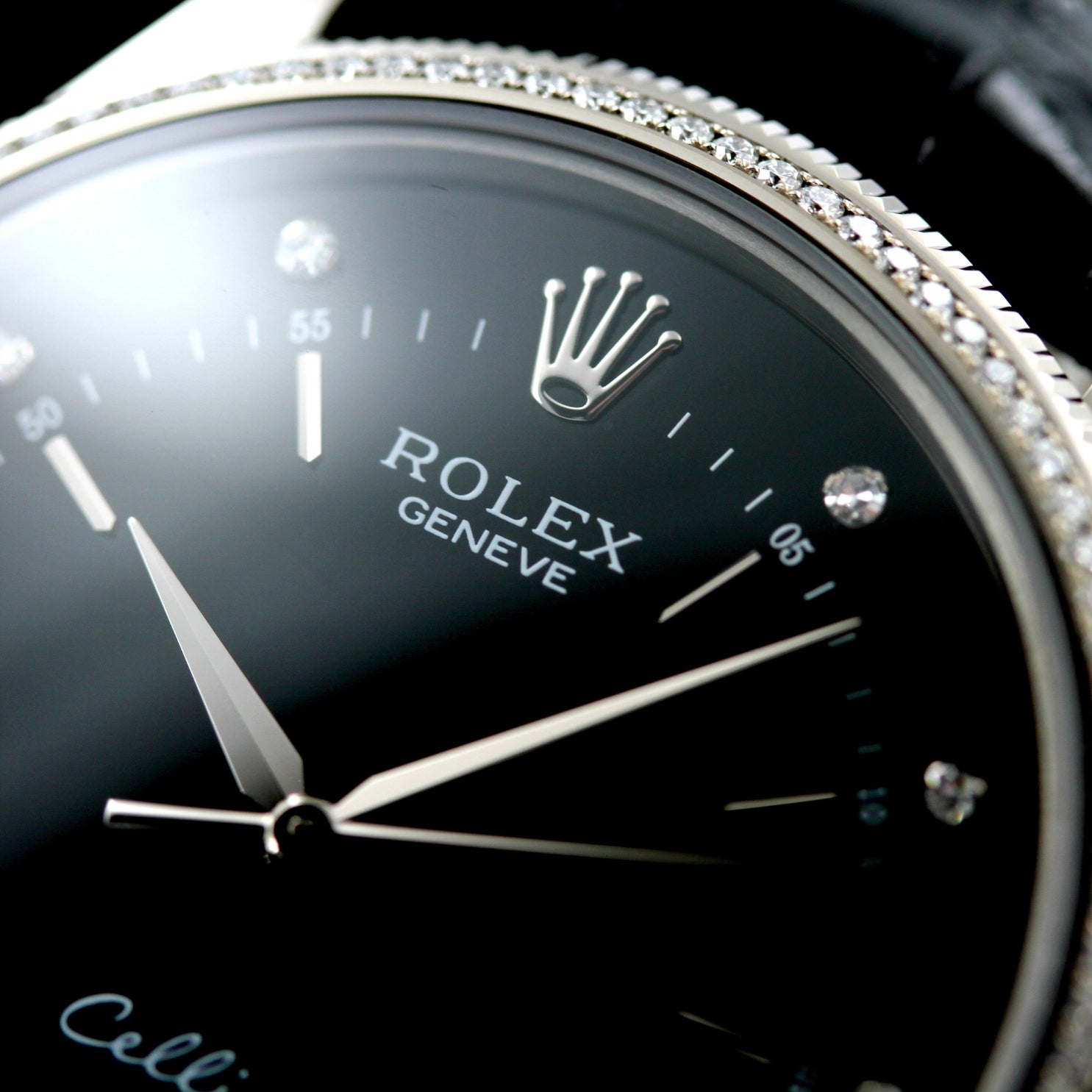 Rolex Cellini Time 39mm, White Gold, Brillantbesatz, Black Dial, Ref. 50609RBR, B+P - LUXUHRIA