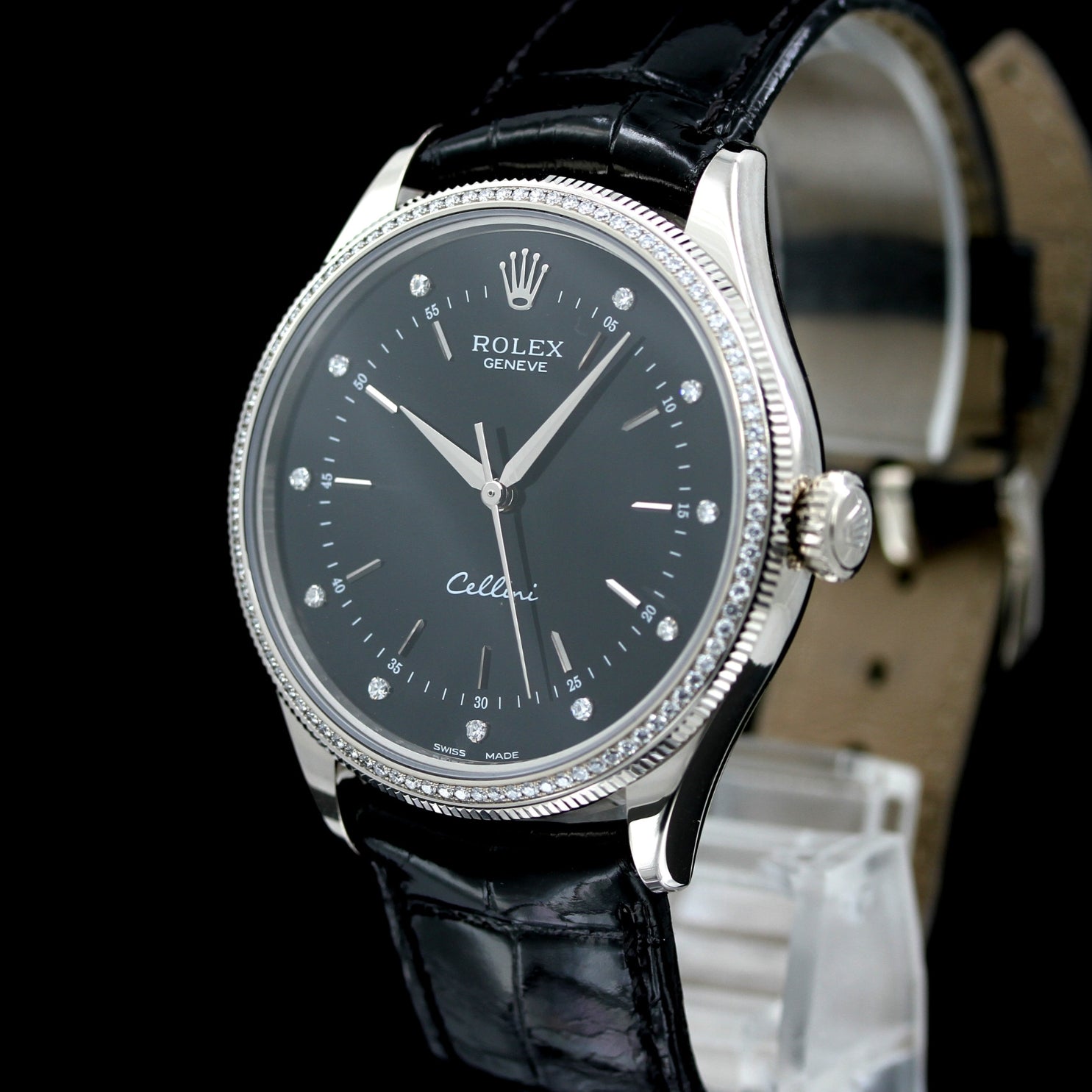 Rolex Cellini Time 39mm, White Gold, Brillantbesatz, Black Dial, Ref. 50609RBR, B+P - LUXUHRIA