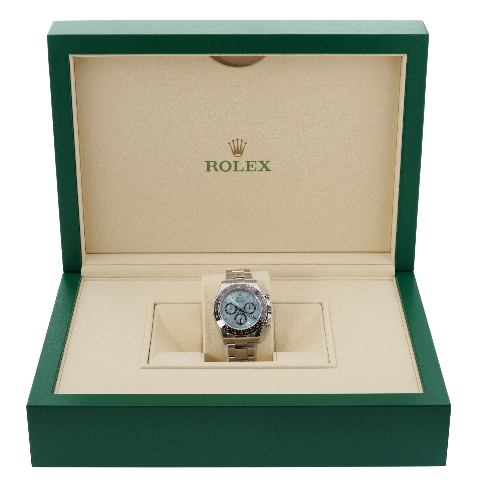Rolex Cosmograph Daytona Platin, Baguette Diamonds, Ice Blue Dial, Fullsticker, Ref. 126506, 2025, B+P - LUXUHRIA