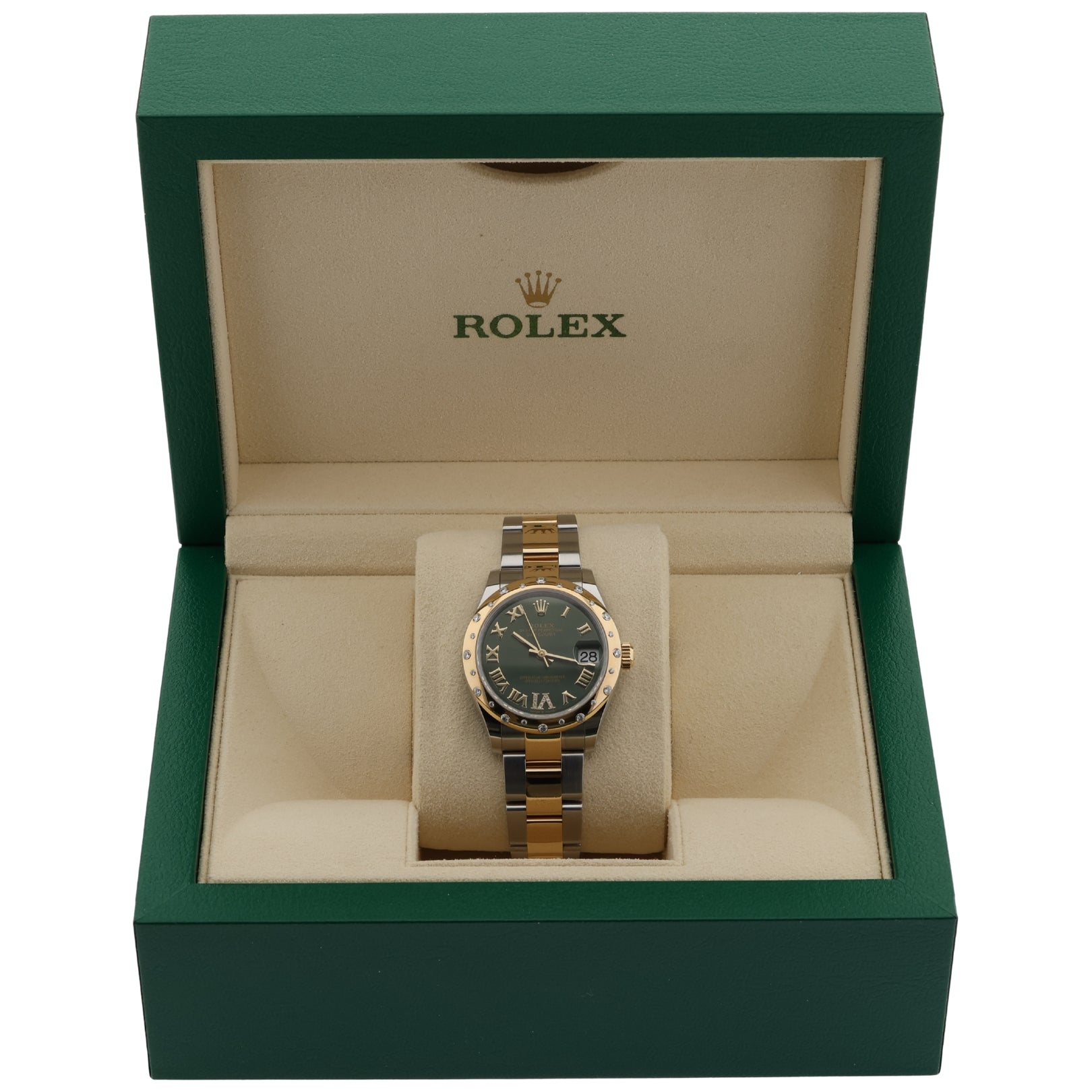 Rolex Datejust 31, Olivgrün, Diamantbesetzt, Ref. 278343RBR, 12 - 2021, B+P - LUXUHRIA