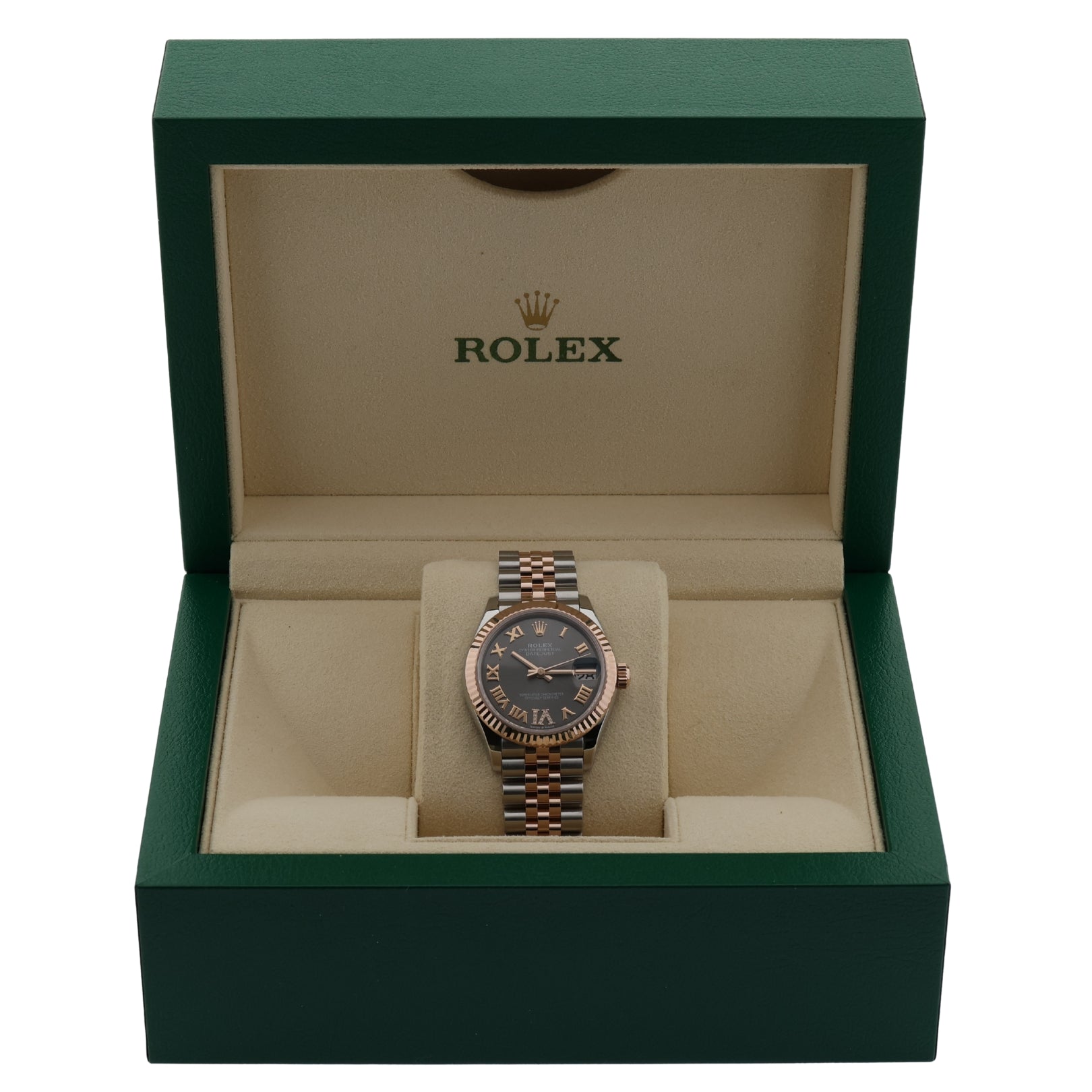 Rolex Datejust 31, Schiefergrau mit Diamanten, Jubilee, Ref. 278271, 2024 B+P - LUXUHRIA