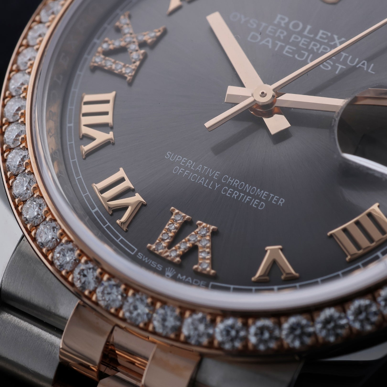 Rolex Datejust 36, Brillantlünette, Jubilee, Schiefergrau Diamant, Ref. 126281RBR, 12 - 2023, B+P - LUXUHRIA