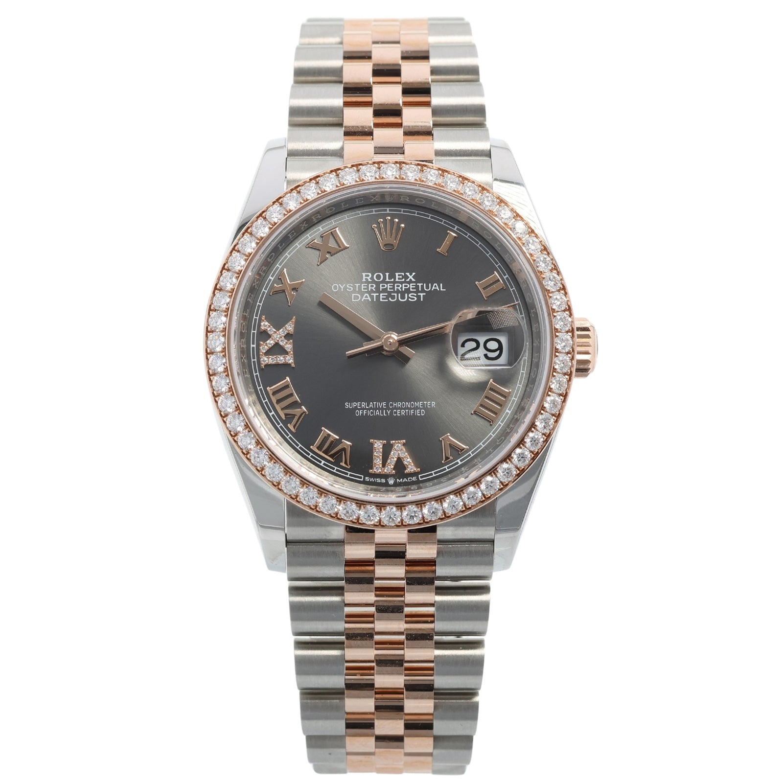 Rolex Datejust 36, Brillantlünette, Jubilee, Schiefergrau Diamant, Ref. 126281RBR, 12 - 2023, B+P - LUXUHRIA