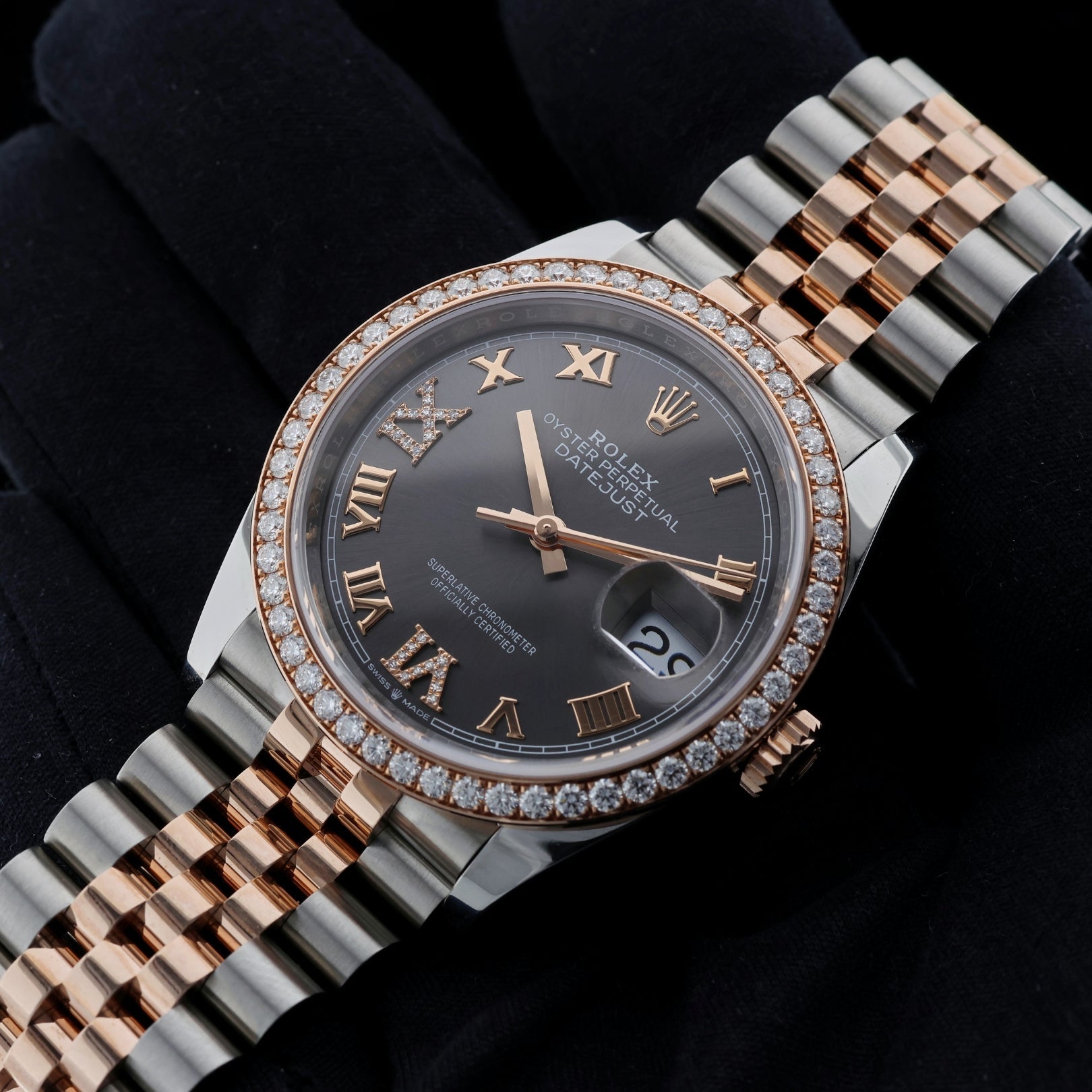 Rolex Datejust 36, Brillantlünette, Jubilee, Schiefergrau Diamant, Ref. 126281RBR, 12 - 2023, B+P - LUXUHRIA