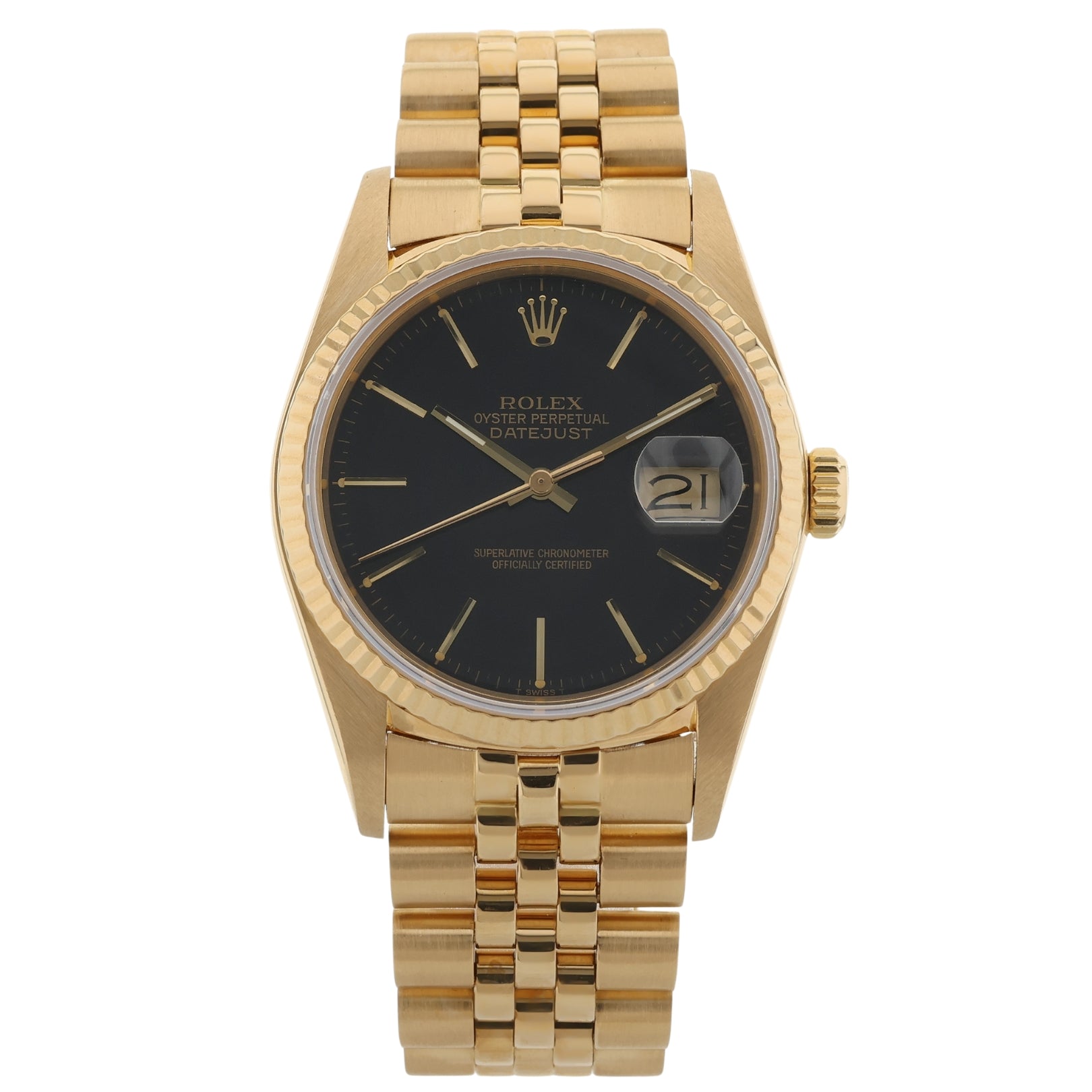 Rolex Datejust 36, Gelbgold, Vintage, Jubilee, Black Dial, verdeckte Schliesse, Ref. 16018, mit Box - LUXUHRIA