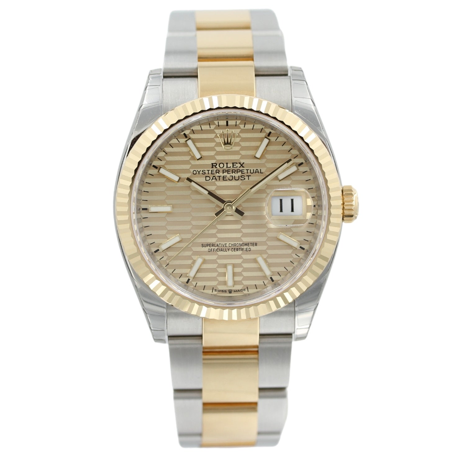 Rolex Datejust 36, Rolesor Gold, golden Riffelmuster, Ref. 126233, 2023, foliert, B+P - LUXUHRIA