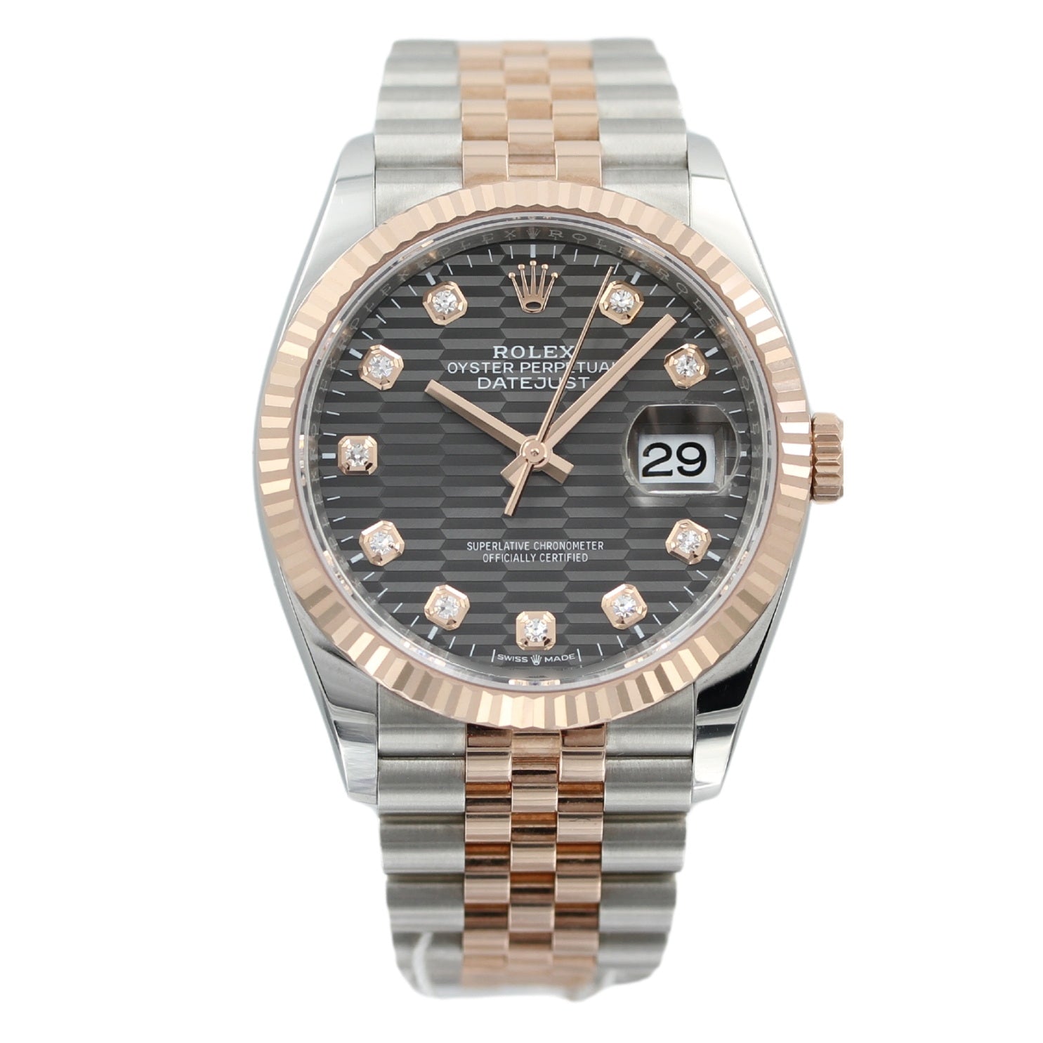 Rolex Datejust 36, Rolesor - Gold/Stahl mit Brillanten, Fluted Dial, Ref. 126231, 2023, B+P - LUXUHRIA