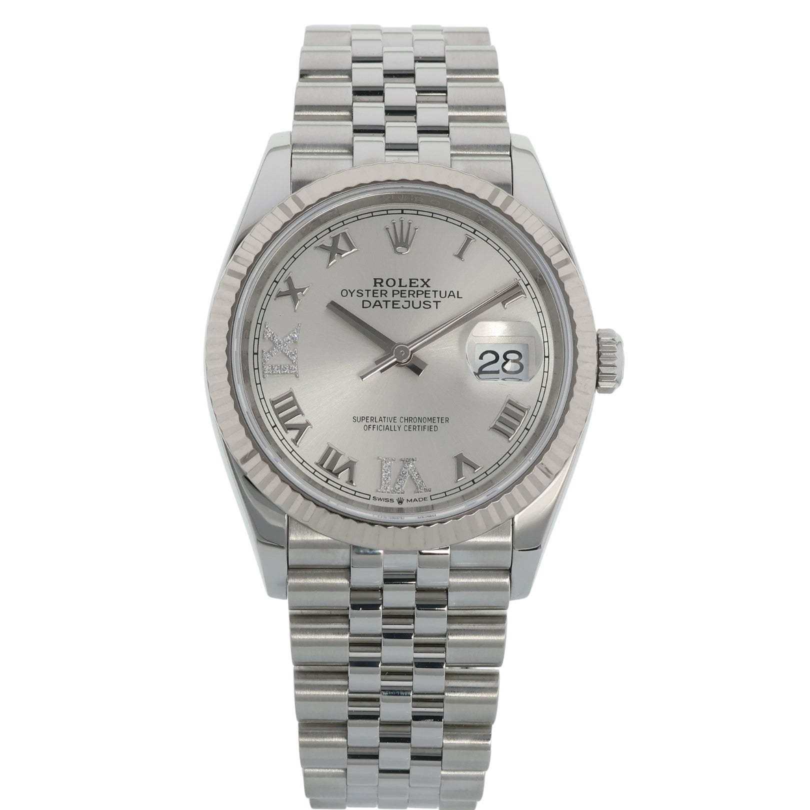 Rolex Datejust 36, Silber mit Diamanten, Jubilee, Ref. 126234, 10 - 2020, B+P - LUXUHRIA