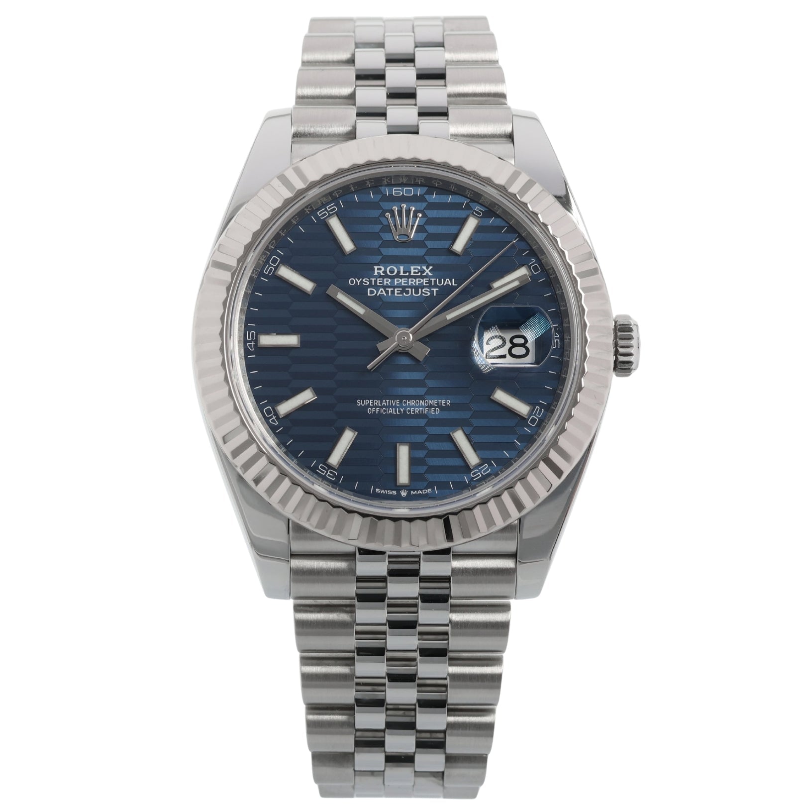 Rolex Datejust 41, Blue Motif, Jubilee, Riffelmuster, Ref. 126334, 2023, B+P - LUXUHRIA