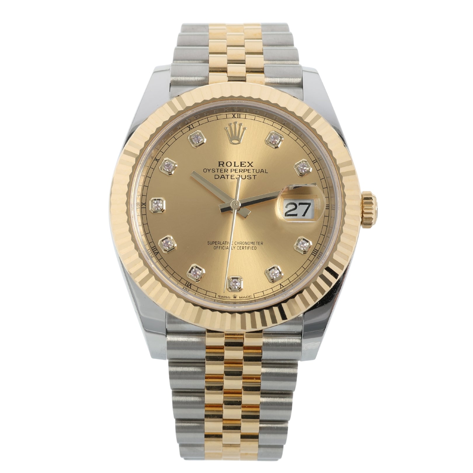 Rolex Datejust 41, Gold/Stahl, Jubilee, Champagner, Diamanten, Ref. 126333, 2024, B+P - LUXUHRIA