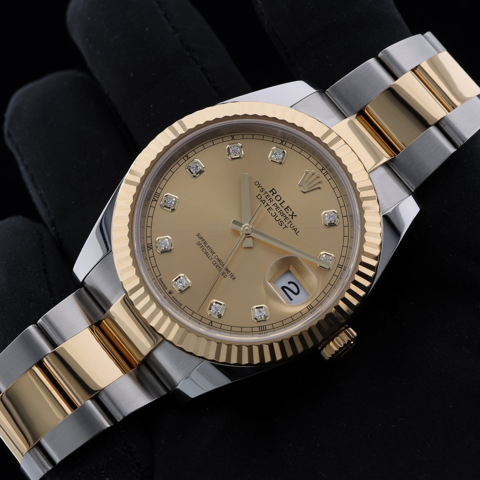 Rolex Datejust 41, Gold/Stahl, Oyster, champagner Diamanten, Ref. 126333, B+P - LUXUHRIA