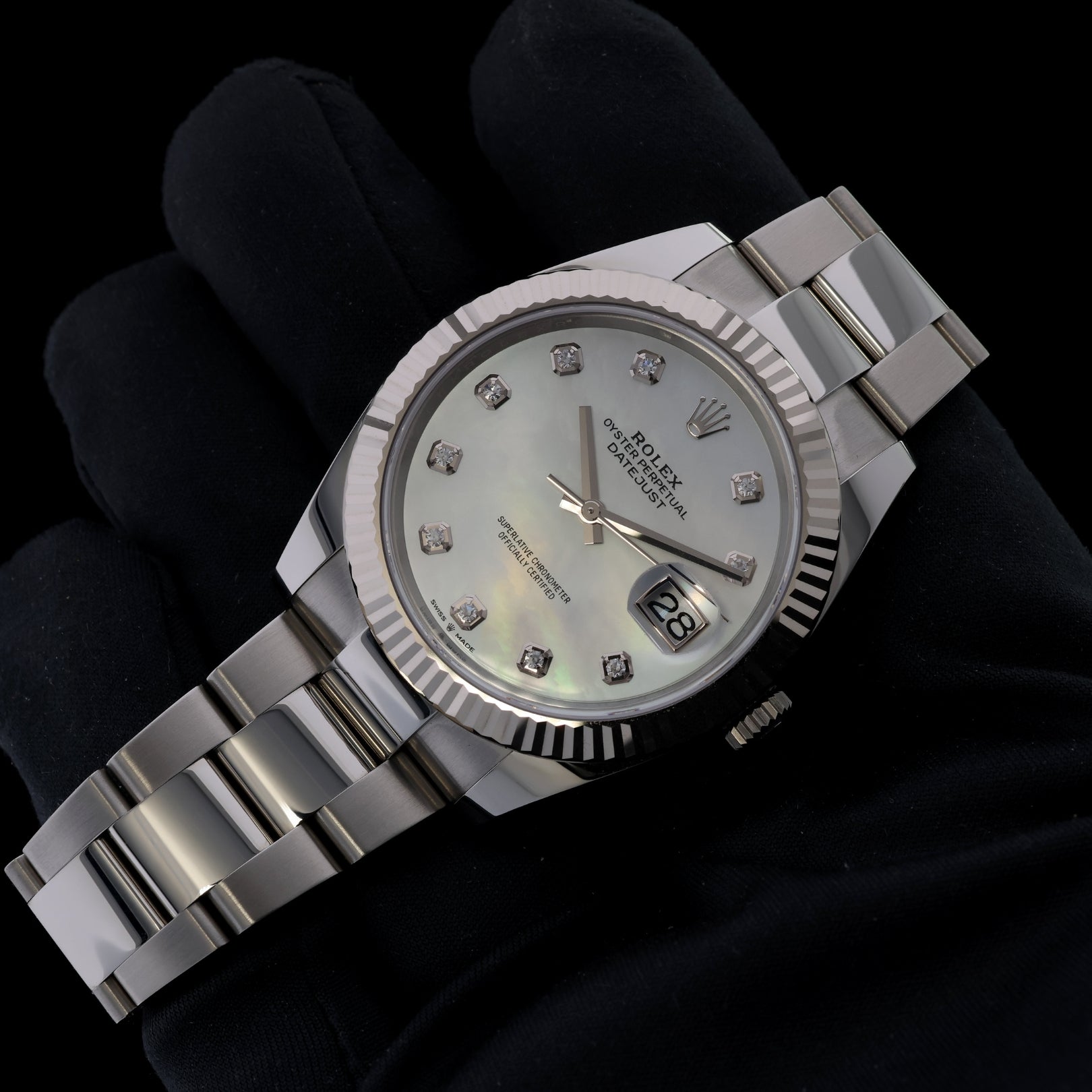 Rolex Datejust 41, Perlmutt Diamanten Zifferblatt, Oyster, Ref. 126334, B+P - LUXUHRIA