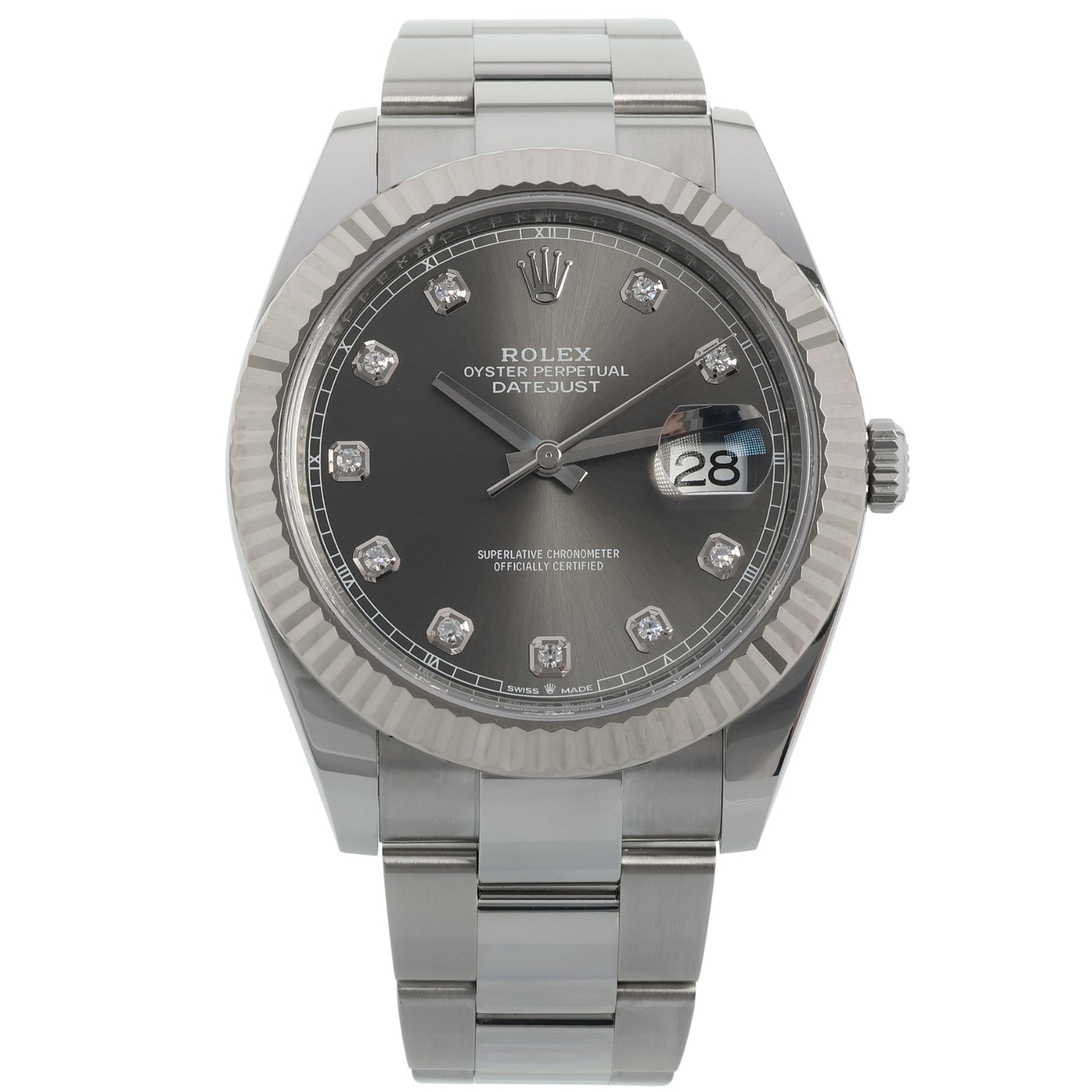 Rolex Datejust 41, Rhodium Brillant, Grau, Brillantbesetzt, Ref. 126334, B+P - LUXUHRIA