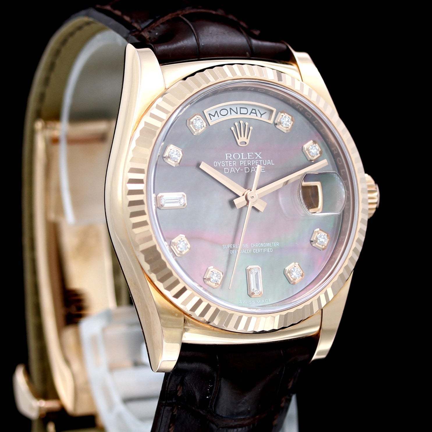 Rolex Day - Date 36, Everose Gold, Chocolate MOP Perlmutt, Ref. 118135, B+P - LUXUHRIA