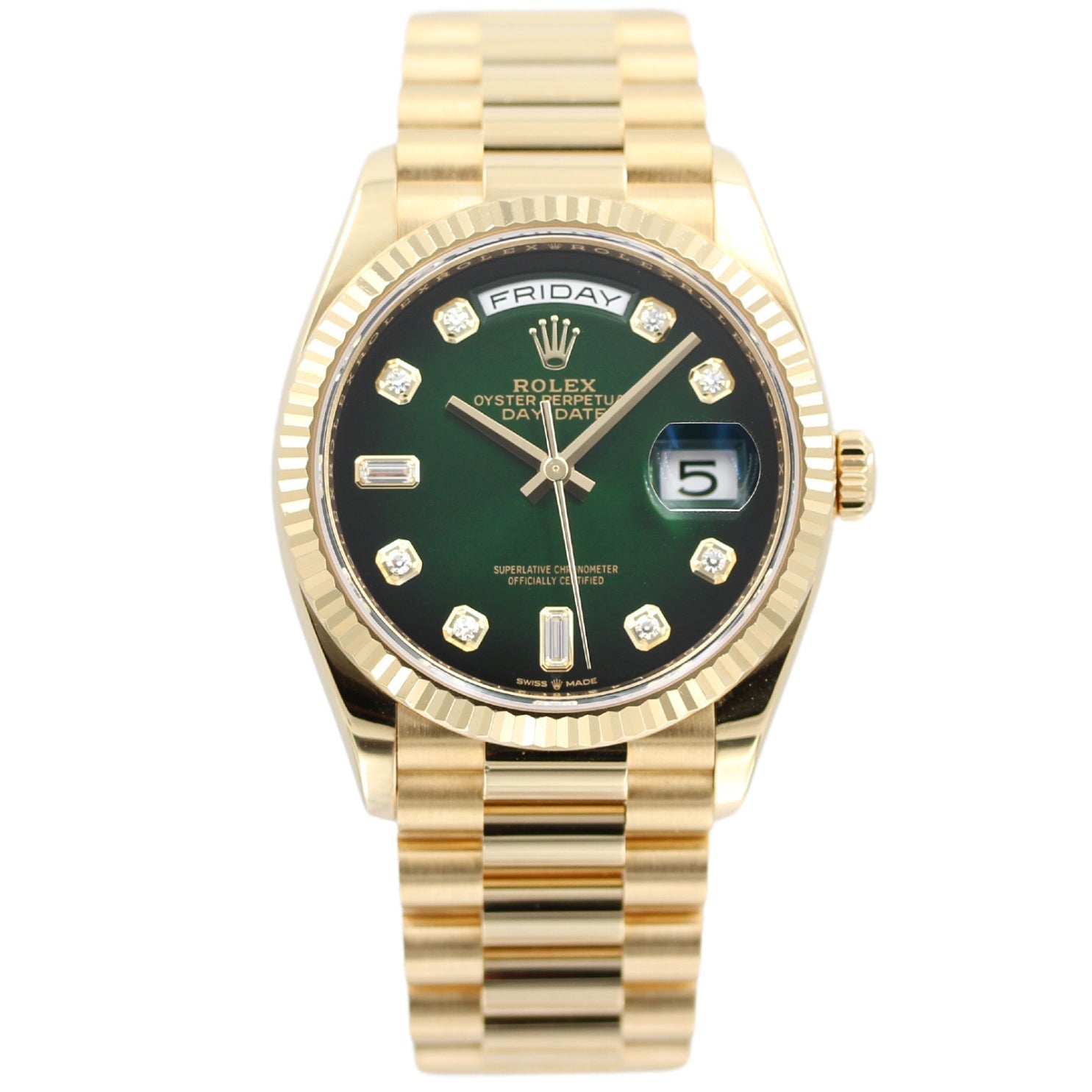 Rolex Day - Date 36, Gelbgold, Olive Green Dial, Ref. 128238, B+P 2023 - LUXUHRIA