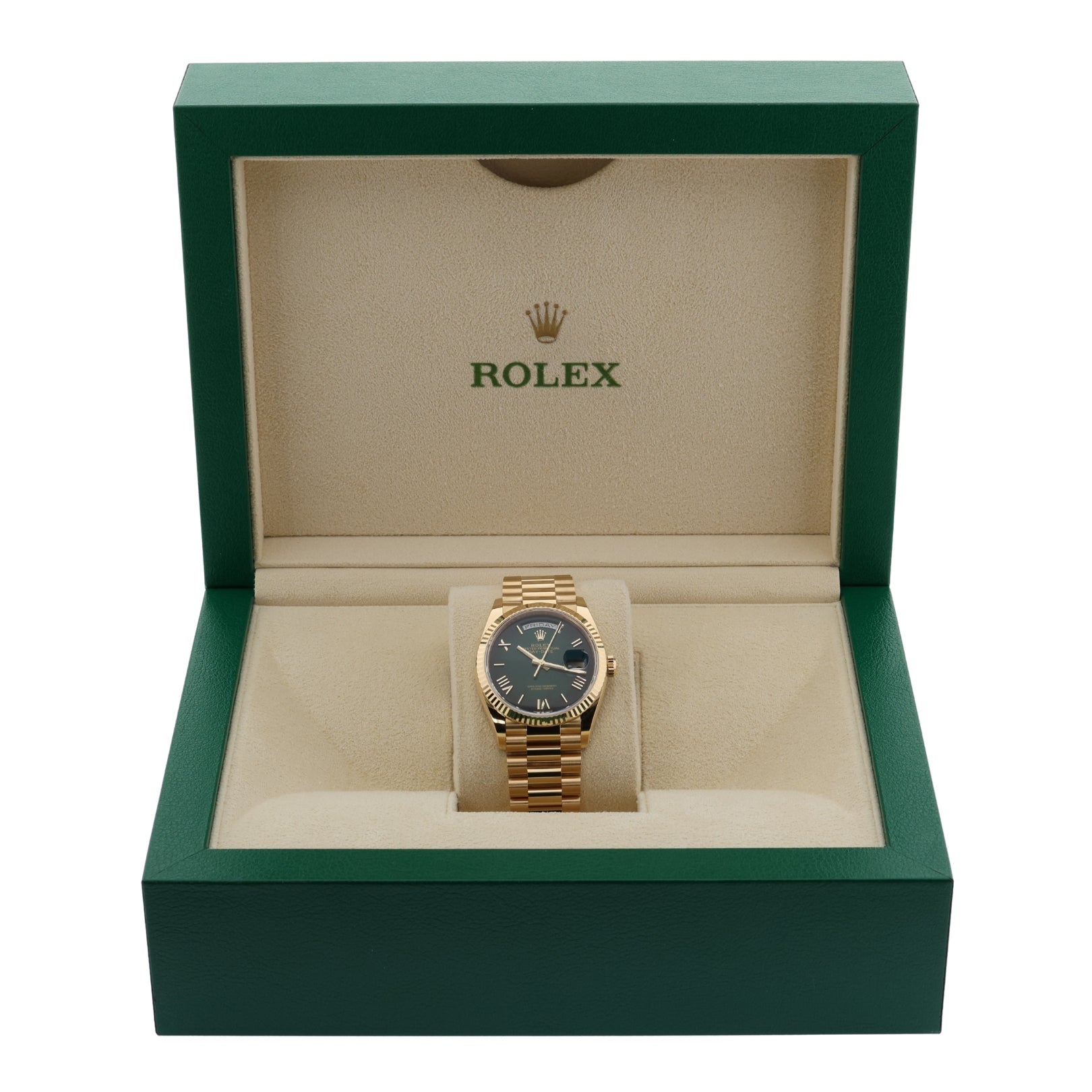Rolex Day - Date 36, Gelbgold, Ombre Green Dial, Ref. 128238, 2025, B+P - LUXUHRIA