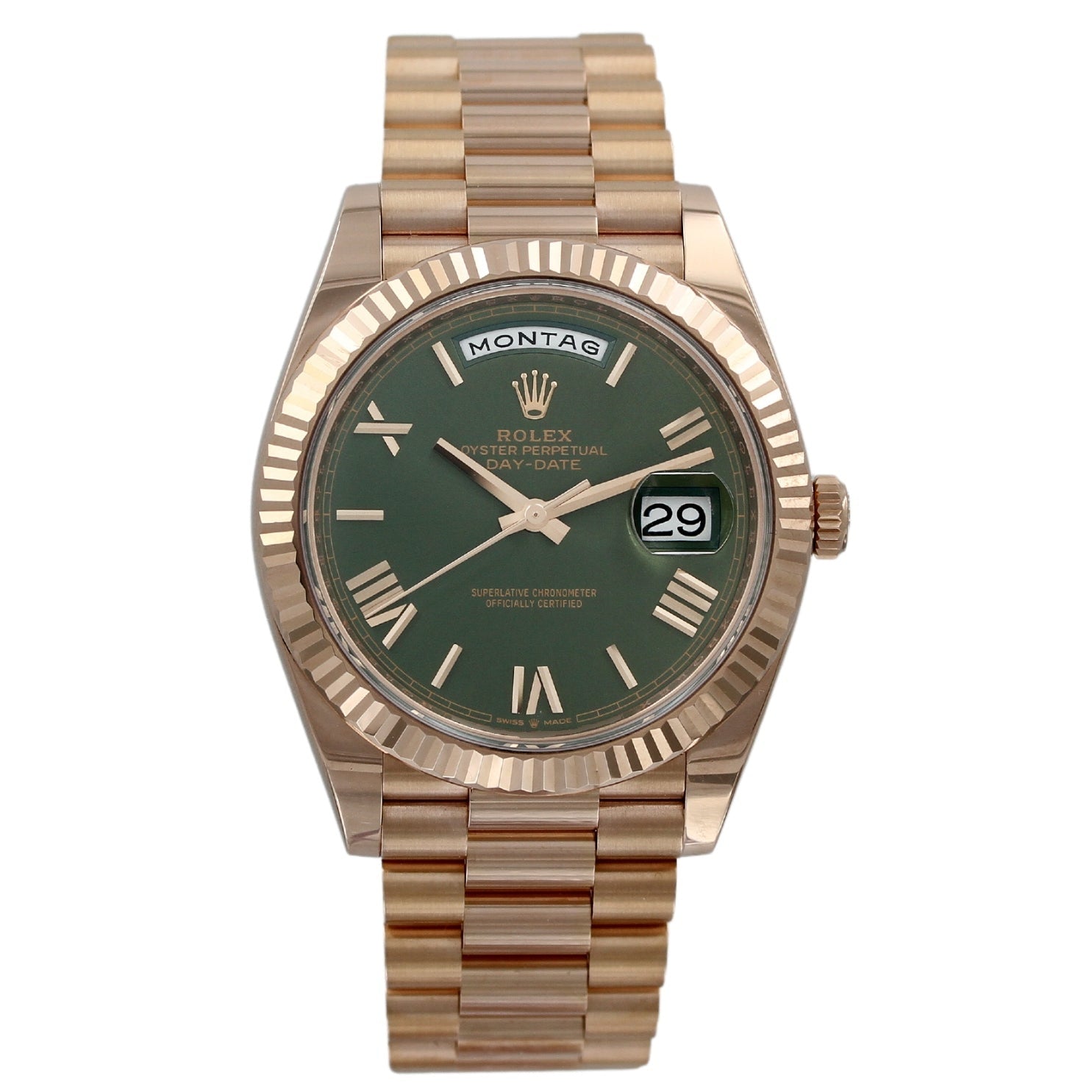 Rolex Day - Date 40, Everose Gold, Olive Green Dial, Rolex - Service 06 - 2024, Ref. 228235, B+P - LUXUHRIA