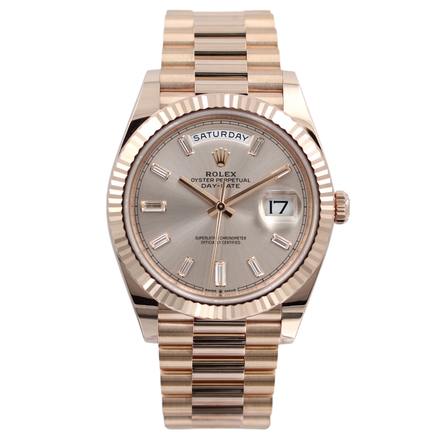 Rolex Day - Date 40, Everose Gold, Sundust Baguette Dial, Ref. 228235, 2023, B+P - LUXUHRIA