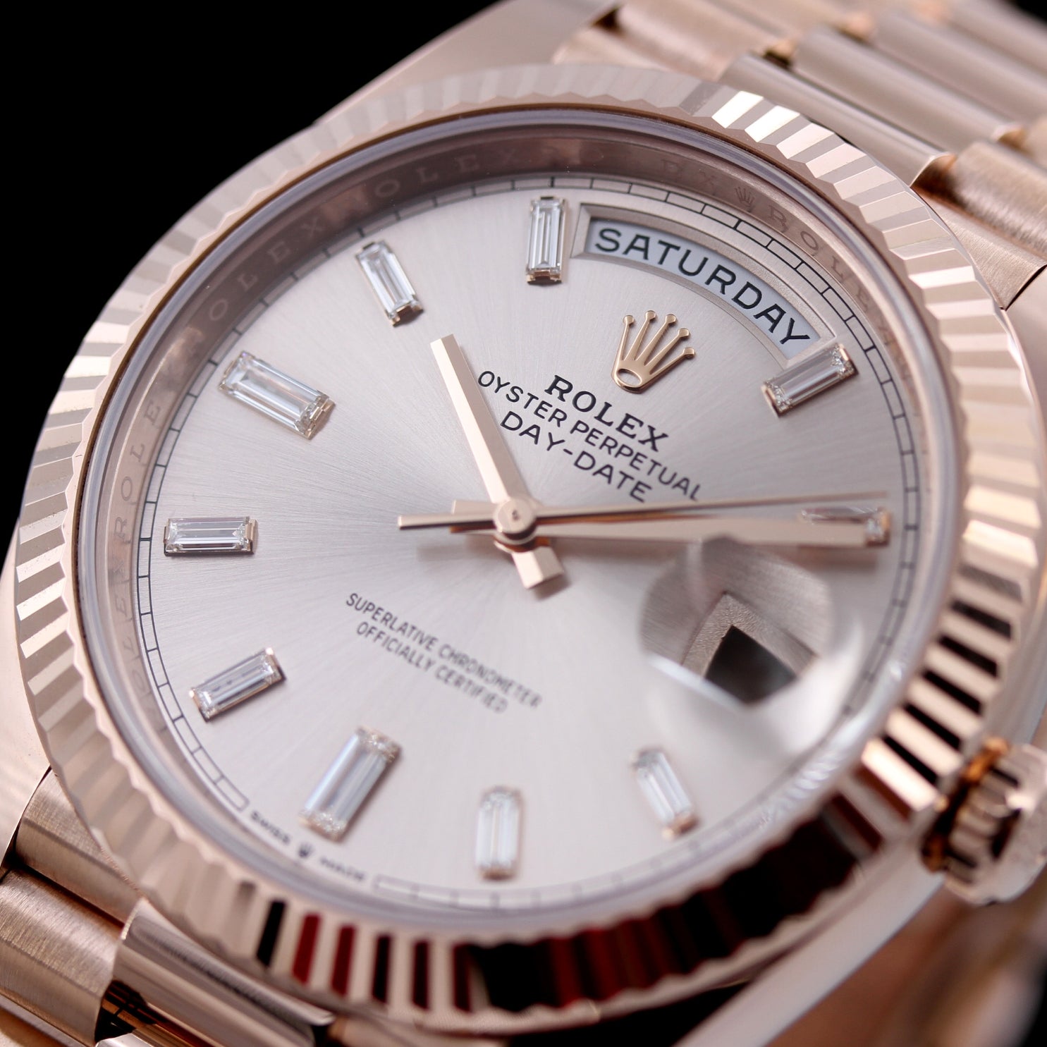 Rolex Day - Date 40, Everose Gold, Sundust Baguette Dial, Ref. 228235, 2023, B+P - LUXUHRIA