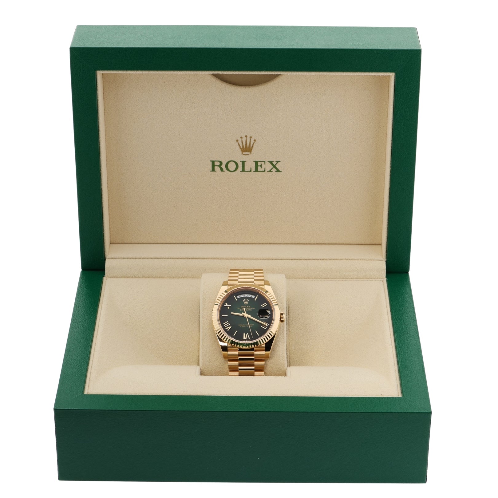 Rolex Day - Date 40, Ombre Green Dial, Gelbgold, Ref. 228238, 11 - 2024, B+P - LUXUHRIA