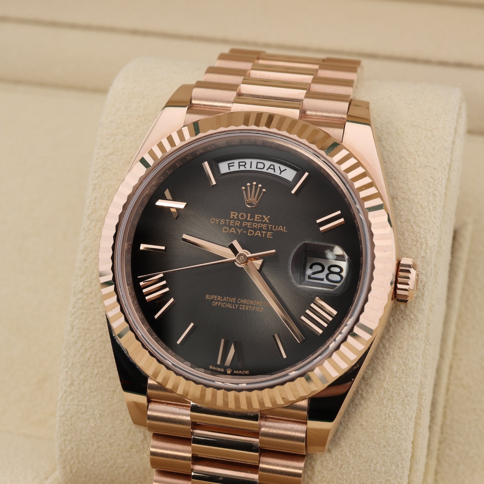 Rolex Day - Date 40, Ombre Grey Dial, Everose Gold, President Band, Ref. 228235, 07 - 2024, B+P - LUXUHRIA